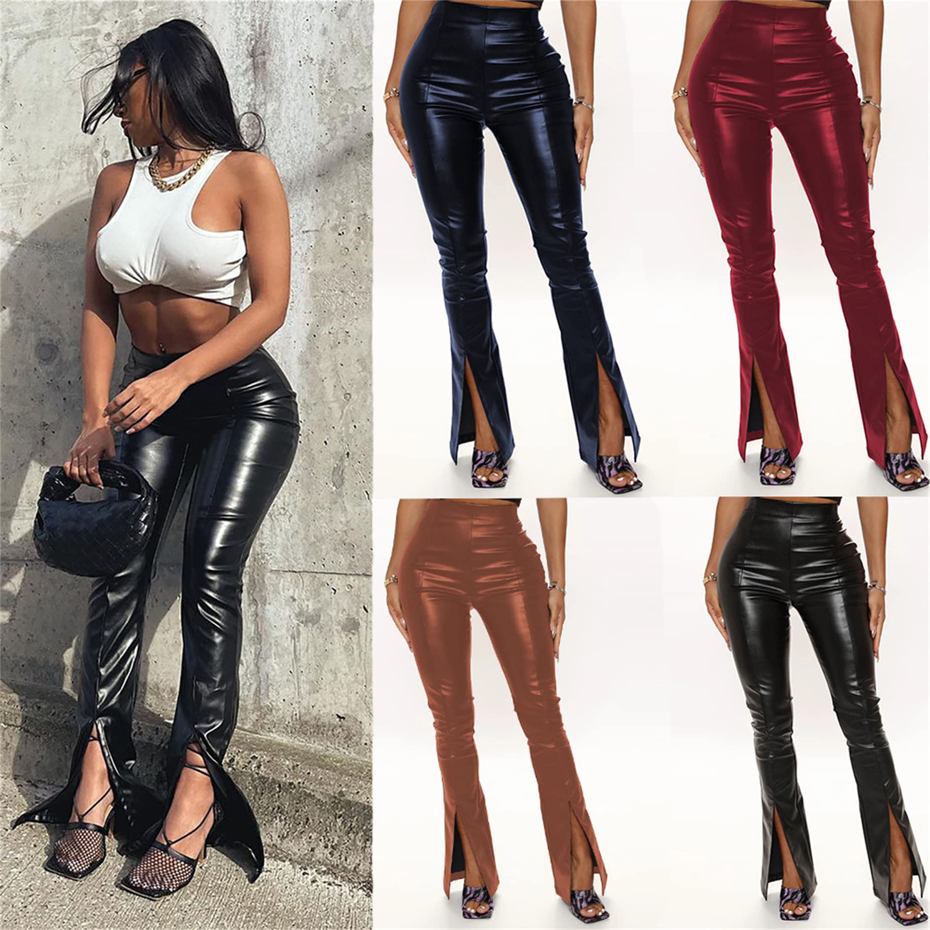 Damskie legginsy ze sztucznej skóry spodnie seksowny szczupły brzuch prosty szerokie nogawki PU skórzane legginsy Lady joga potańcówka odzież klubowa (ciemnoniebieski 3XL)