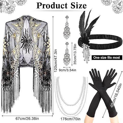 Miniatura 2 de Zhanmai 5 Pcs 1920s Accessories Set Flapper Feather Headband Pearl Necklace Earrings Gloves Fringed Cape Scarf for Women