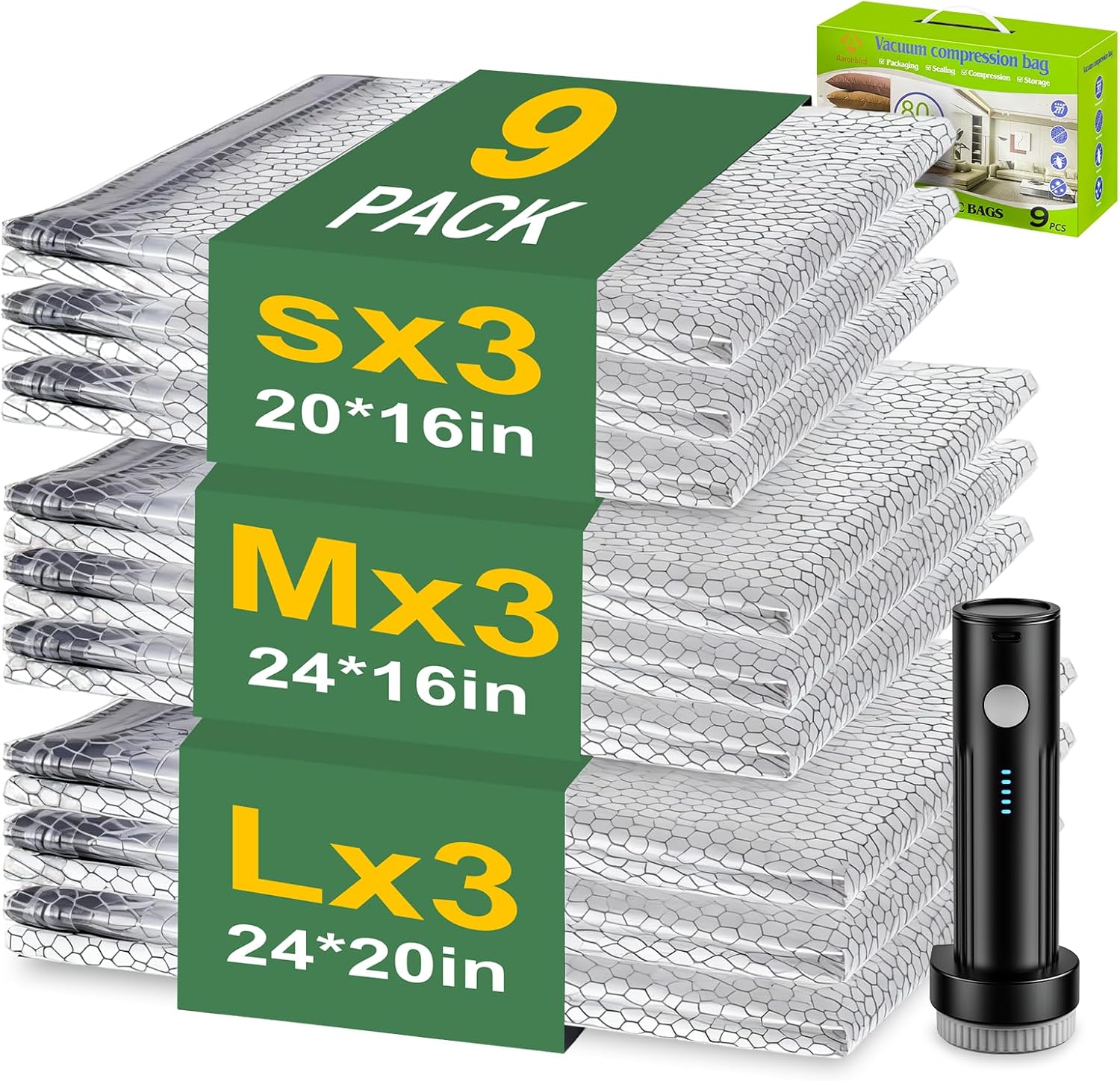Vacuum Seal Bags for Clothing with Wireless Electric Pump - Travel & Home Use, 9 Pack Ideal Space Saver Vacuum Storage Bags, Travel Vacuum Bags for Luggage