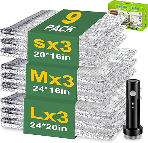 Bolsas de sellado al vacío para ropa con bomba eléctrica inalámbrica, viaje y uso doméstico, paquete de 9 bolsas de almacenamiento al vacío ideales