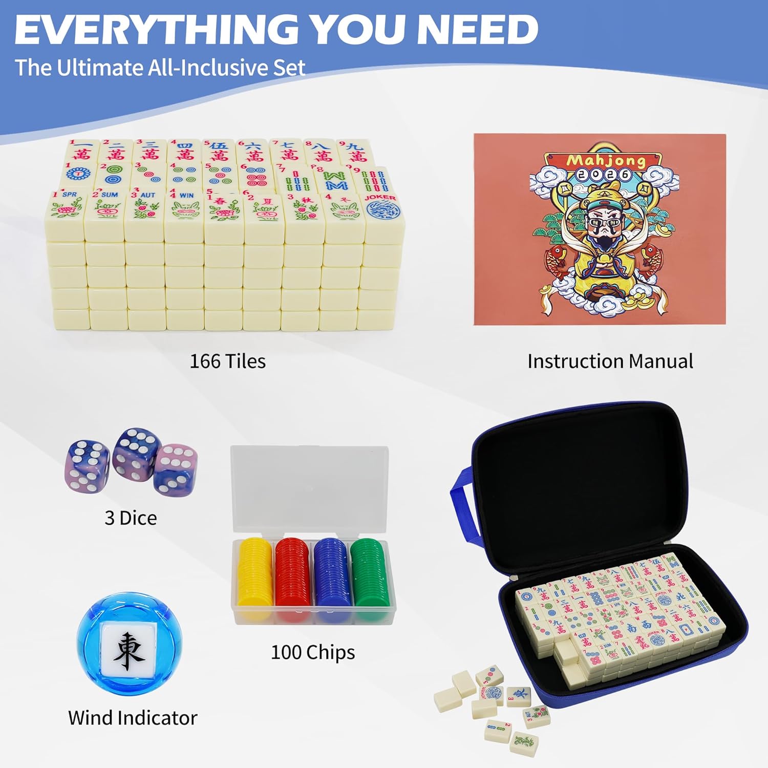 Jolitac American Mahjong Game Set, 166 Premium Tiles, Mahjong Tile Set with Sturdy Carrying Bag, Include Chips & Dice – Portable Travel Complete Mahjong Set for Adults & Beginners