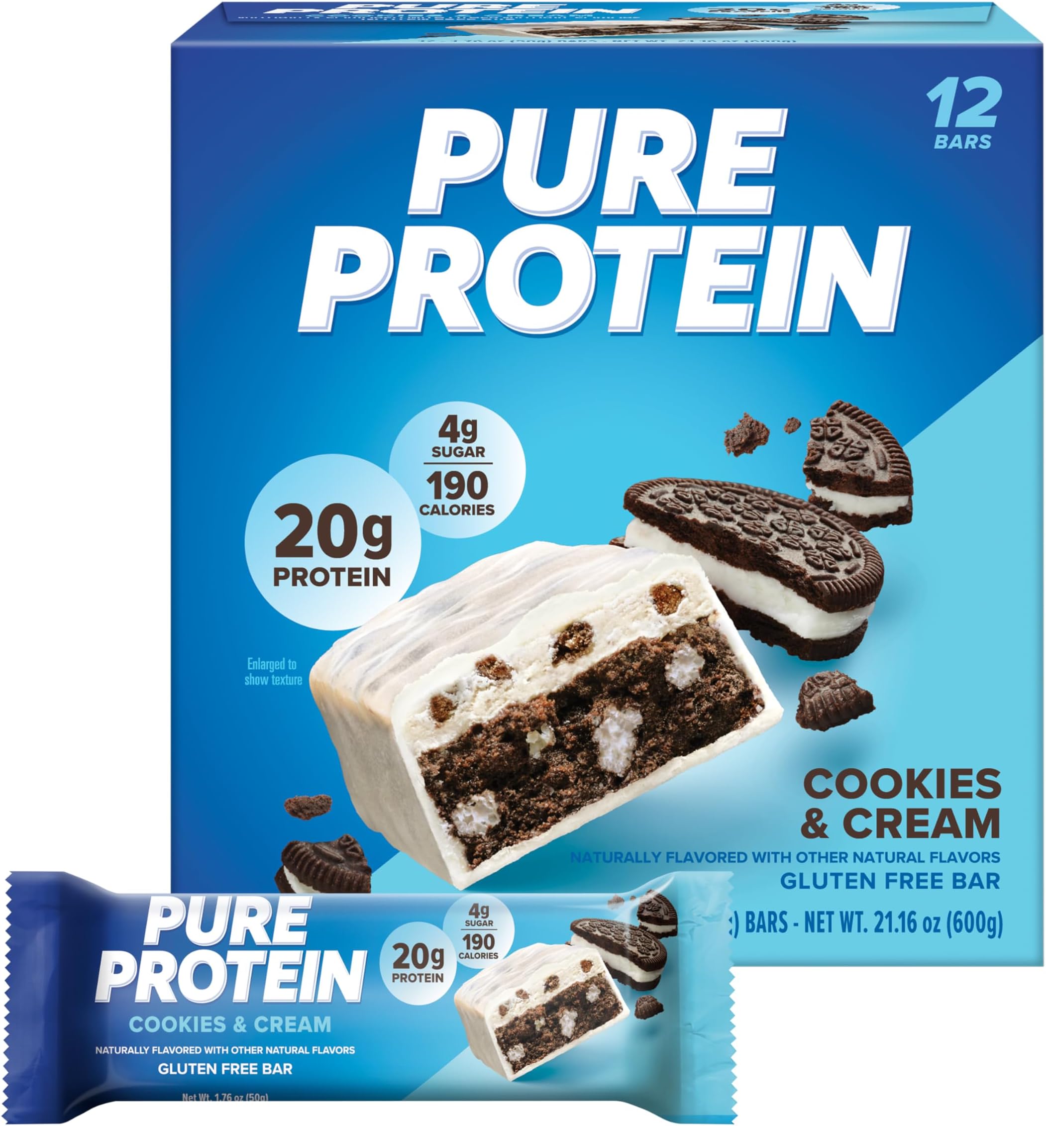 Bars, High Protein, Nutritious Snacks to Support Energy, Low Sugar, Gluten Free, Cookies & Cream, 1.76 oz, 12 Count (Pack of 1) (Packaging May Vary)