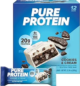 Barras de Proteína Pura, Alto Contenido de Proteína, Snacks Nutritivos para Apoyar la Energía, Bajo en Azúcar, Sin Gluten, Vainilla y Crema, 1.76oz, Paquete de 12