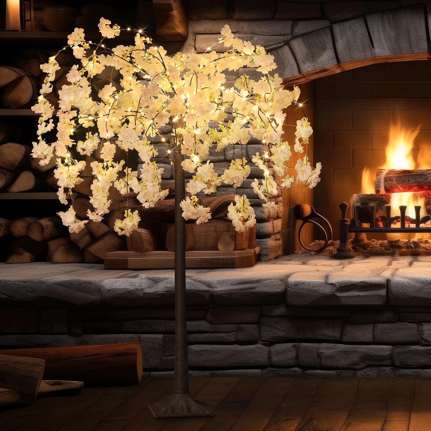 Albero di ciliegio illuminato, albero artificiale a LED, 1,2 m, albero di fiori di ciliegio rosa, con luce per decorazione di interni, cortile di famiglia, festa di matrimonio, festa di Natale, bianco