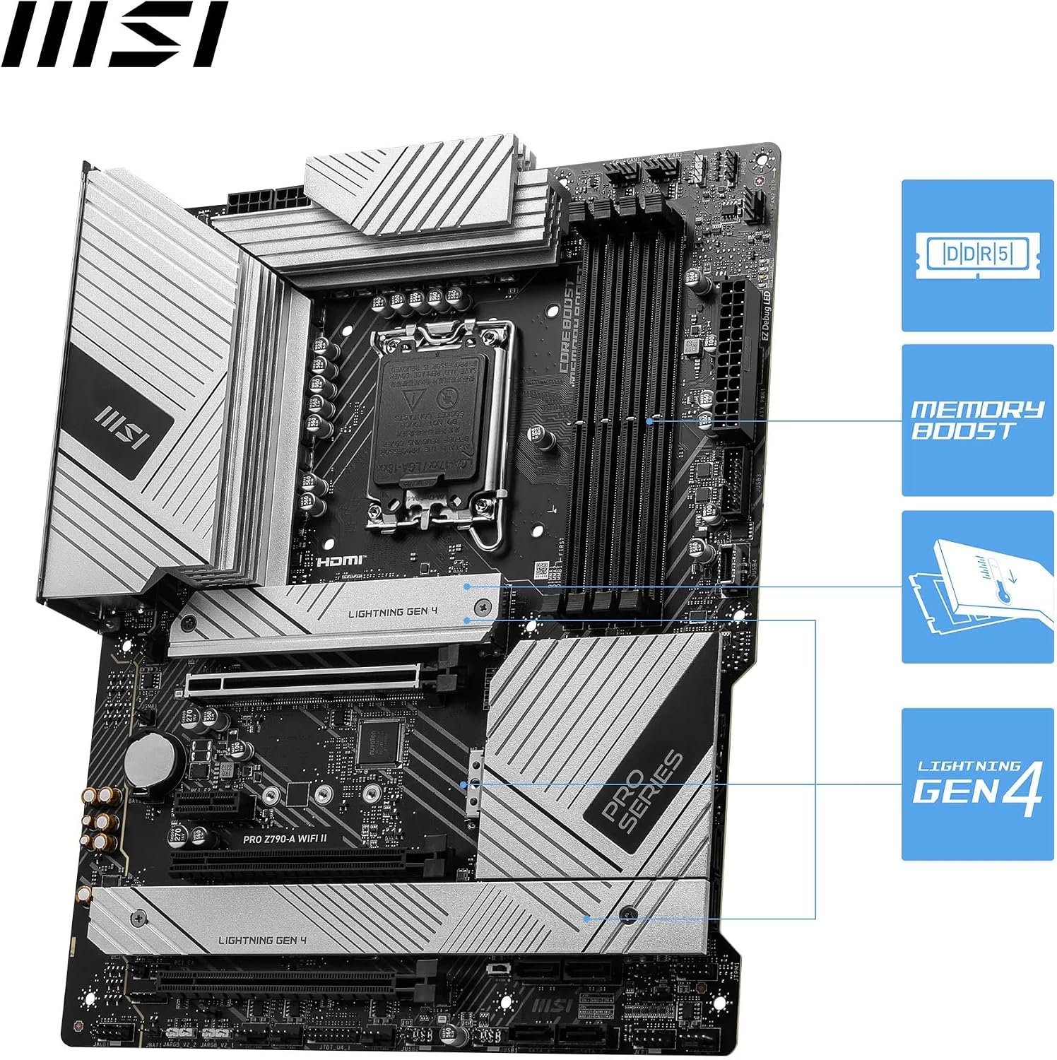 MSI PRO Z790-A WiFi II Motherboard, ATX - Supports Intel Core 14th, 13th & 12th Gen Processors, LGA 1700-80A SPS VRM, DDR5 Memory Boost 7800+MT/s/OC, PCIe 5.0 x16, 4 x M.2 Gen4, Wi-Fi 6E, 2.5G LAN