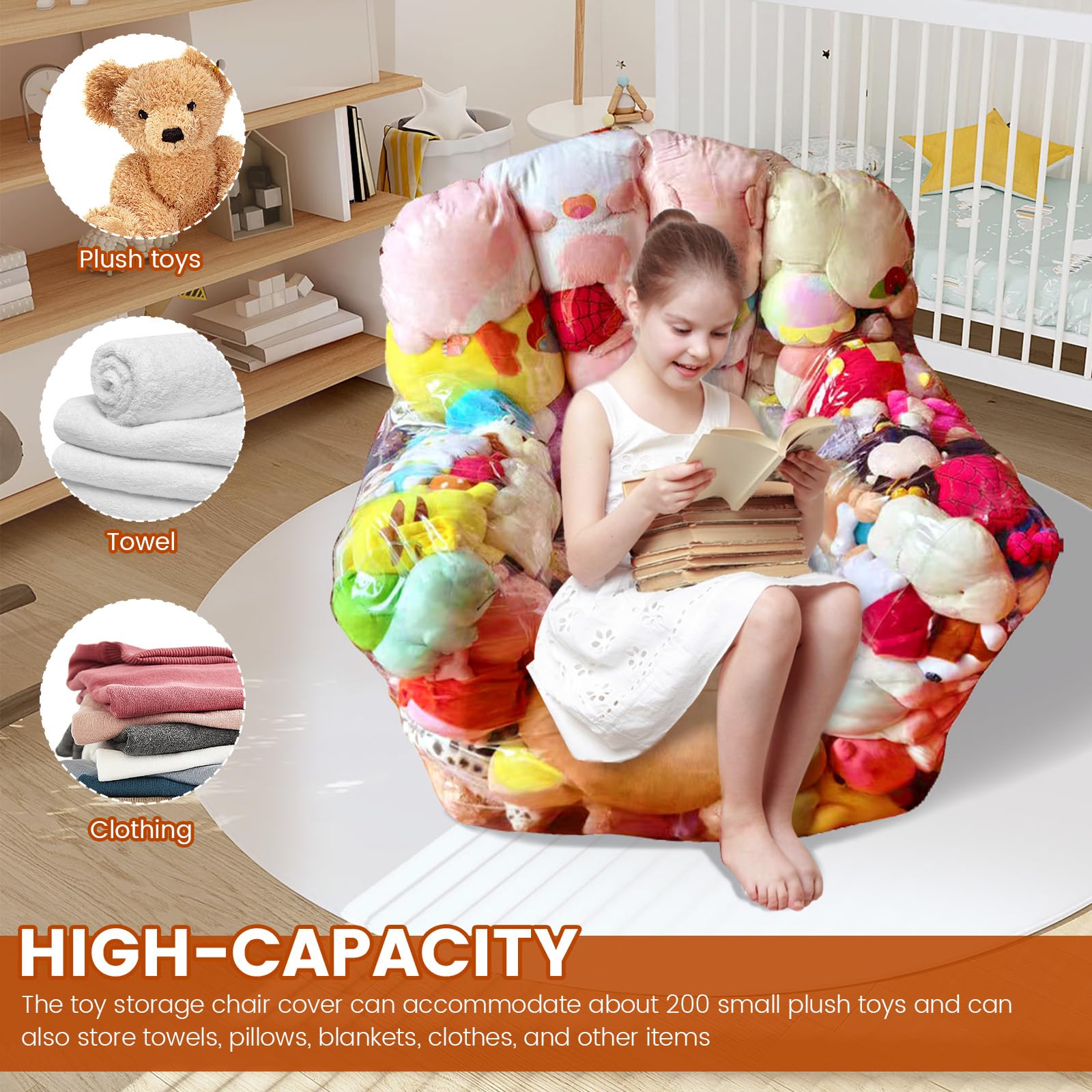 Kuscheltier Aufbewahrung 90x60x80cm Wasserdicht Transparenter Sitzsack Bezug Große Kapazität Leicht Befüllen Aufbewahrung Kuscheltiere für Puppen Handtücher Kissen Decken Kleidung