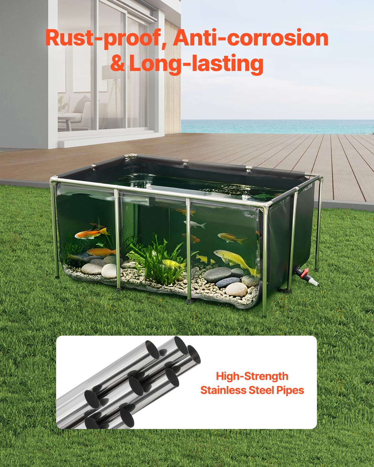 VEVOR Estanque de Lona sobre Suelo 1023,3 L de PVC con Panel de Visualización Transparente Tanque Rectangular 150x100x70 cm para Peces Dorados con Marco de Acero Inoxidable Válvula de Drenaje, Negro