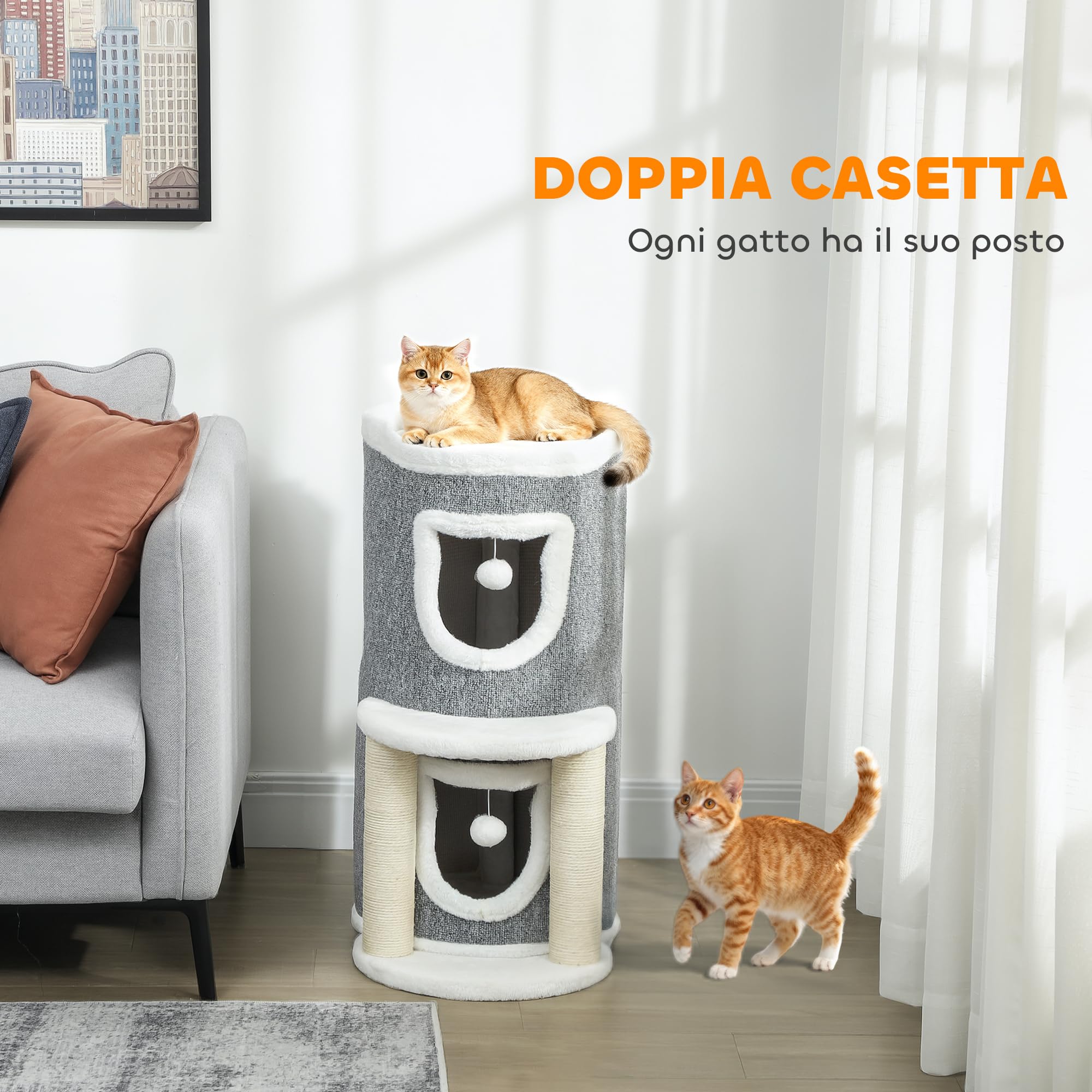 PawHut Albero Tiragraffi per Gatti Alto 76 cm Torre a Cilindro Grigio | per Gattini, con Casette, Lettino Superiore, Palline, Pali in Sisal