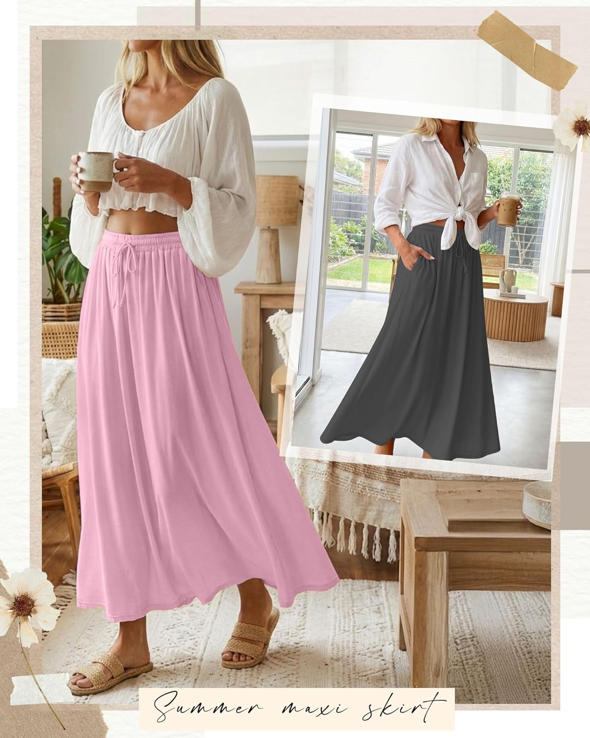 Ficerd 3 Pack Women's Maxi Long Skirts, Ankle Length a Line Elastic High Waist Summer Casual Drawstring Skirts with Pockets - Image 4