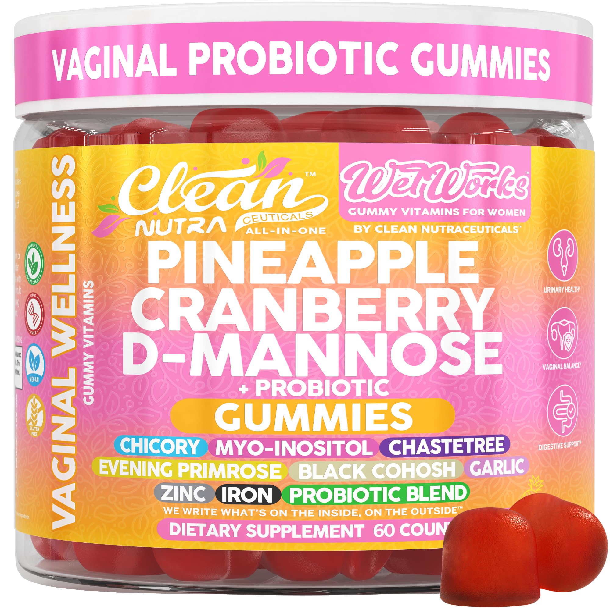 Wet Works Women's Vaginal Probiotic Gummies Pineapple Cranberry Folic Acid D-Mannose Vitamin C Chicory Myo Inositol Garlic Black Cohosh Zinc Iron Evening Primrose Chastetree 60 Count by Clean Nutra