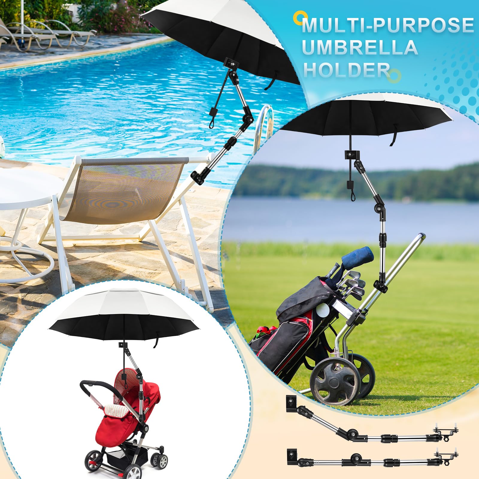 MorningRo Juego de 2 abrazaderas universales ajustables para paraguas de golf, soporte para paraguas para lluvia, apertura y cierre manual, para silla de playa, carrito de golf, cochecito