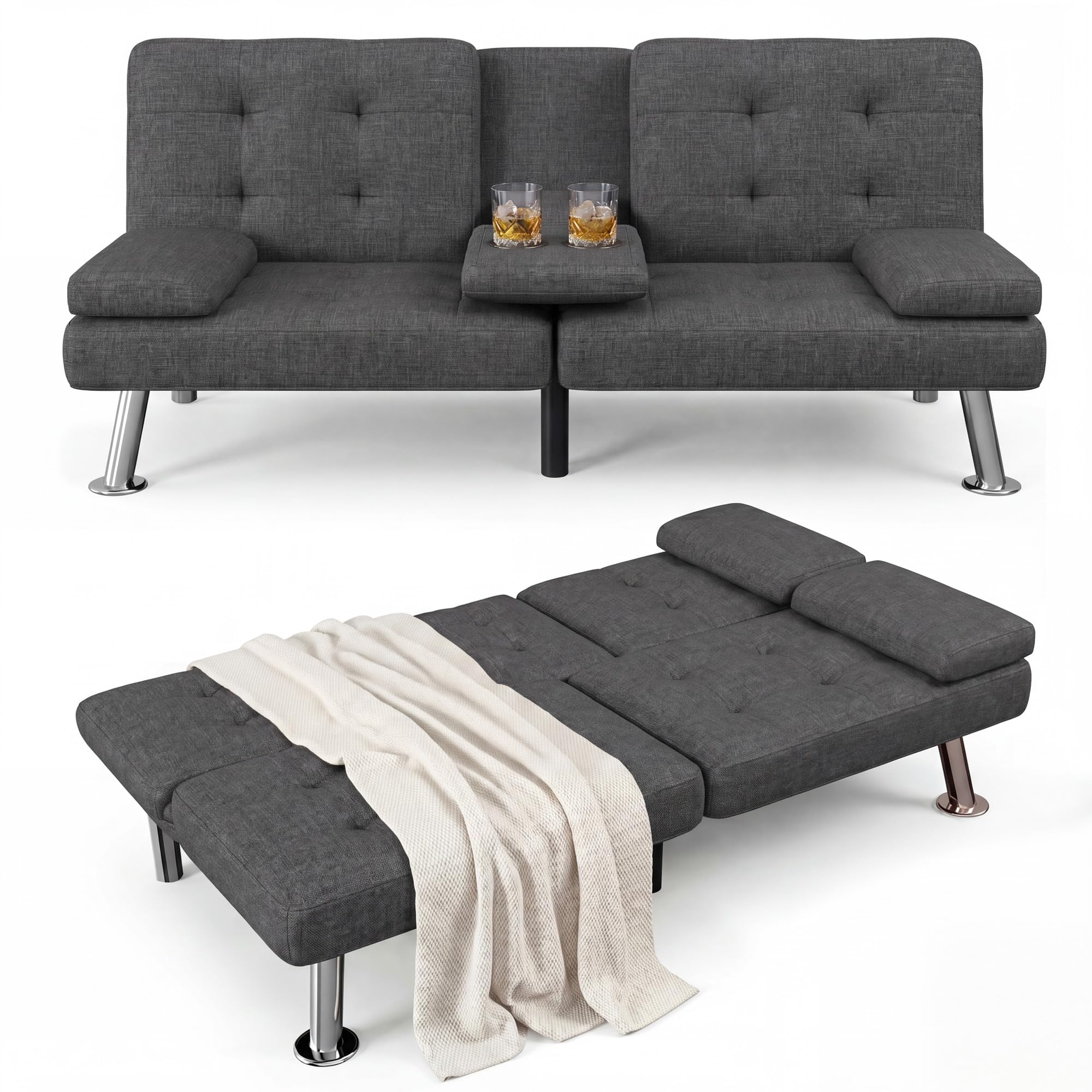 Flamaker Futon Sofa Bed, Modern Linen Convertible Folding Futon Set | Adjustable Sleeper Sofa with Removable Armrests & 2 Cup Holders, Recliner Lounge for Living Room, Apartment | Carbon Black