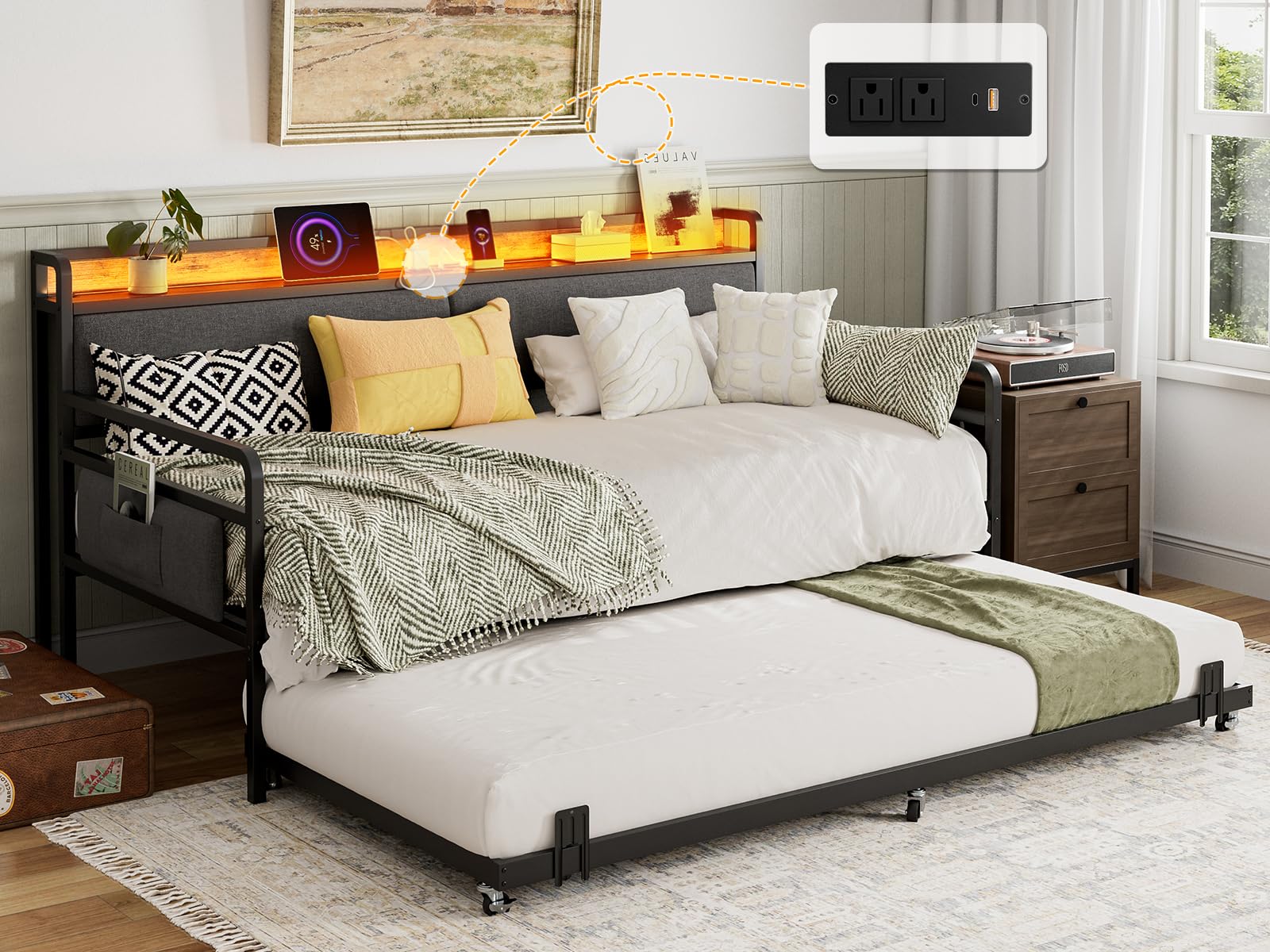 IKIFLY Twin XL Daybed with Trundle and Storage Headboard, Upholstered Sofa Platform Bed Frame with LED Lights & Charging Station, Steel Slats Support,