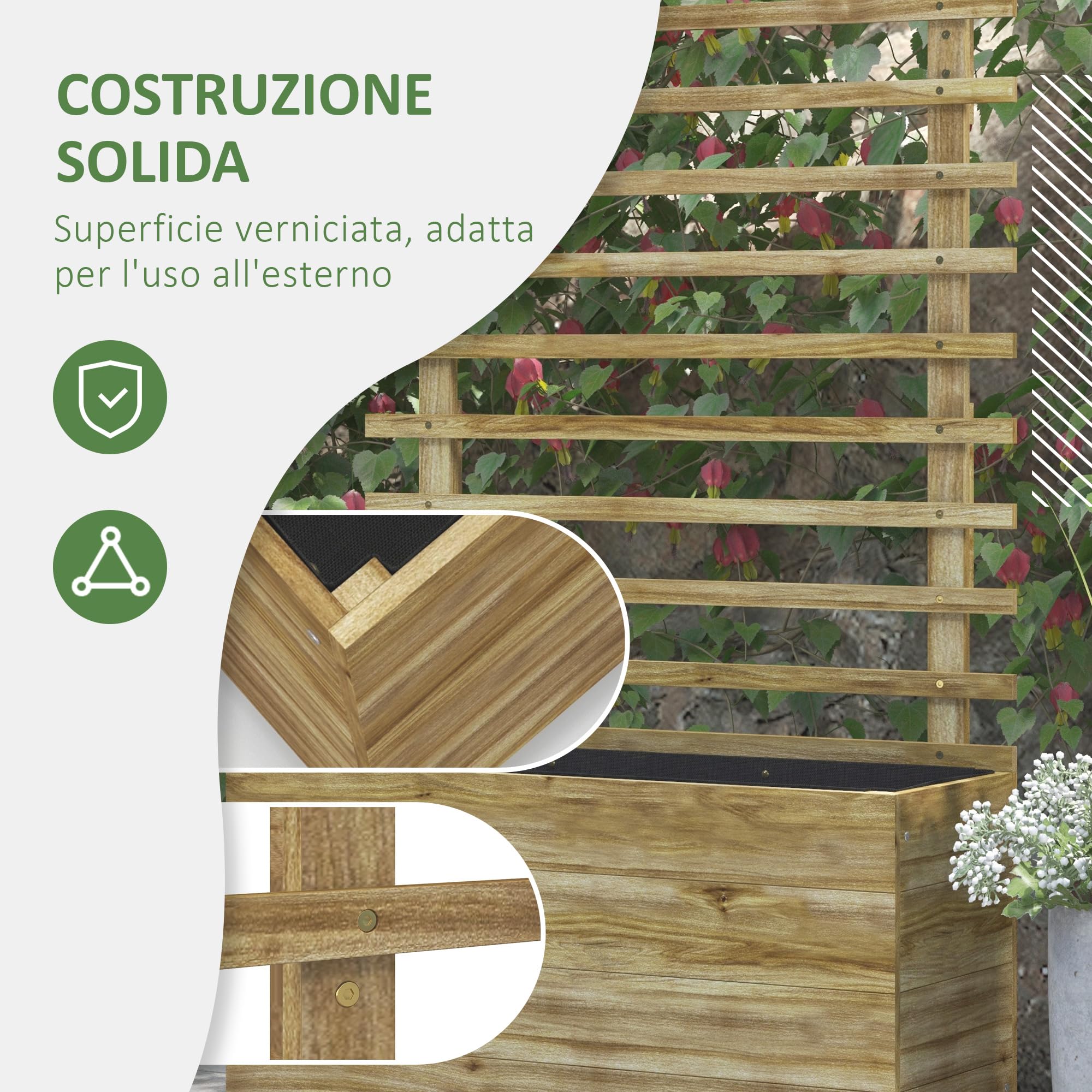 Outsunny Letto per Orto Rialzato da Esterno con Grigliato e 4 Rotelle, Fioriera da Esterno con Traliccio in Legno di Abete, per Fiori e Verdure, per Giardino e Balcone, 76x30x155 cm, Color Legno
