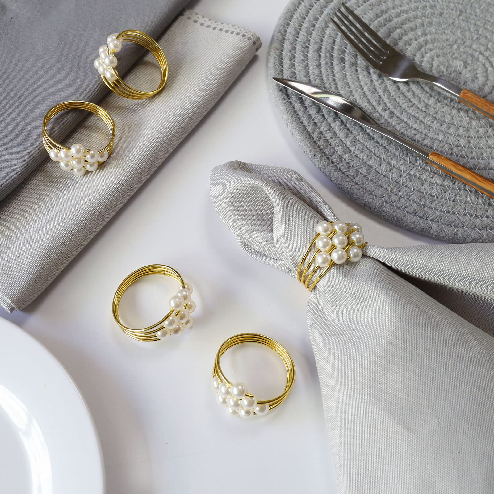 Pearl Napkin Rings Pearl Gold Napkin Rings Set Of 8, Round Metal Napkin Holders Buckles Wedding Dinner Party Kitchen Table Setting Birthday Christmas Decorations Anillos Para Servilletas