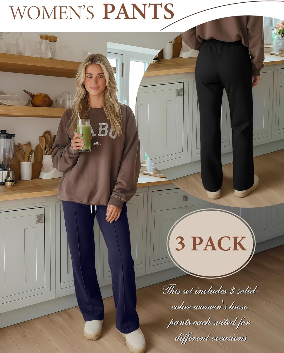 3 Pack Women's Wide Leg Sweatpants High Waisted Drawstring Casual Loose Pants Yoga Workout Joggers with Pockets - Image 2