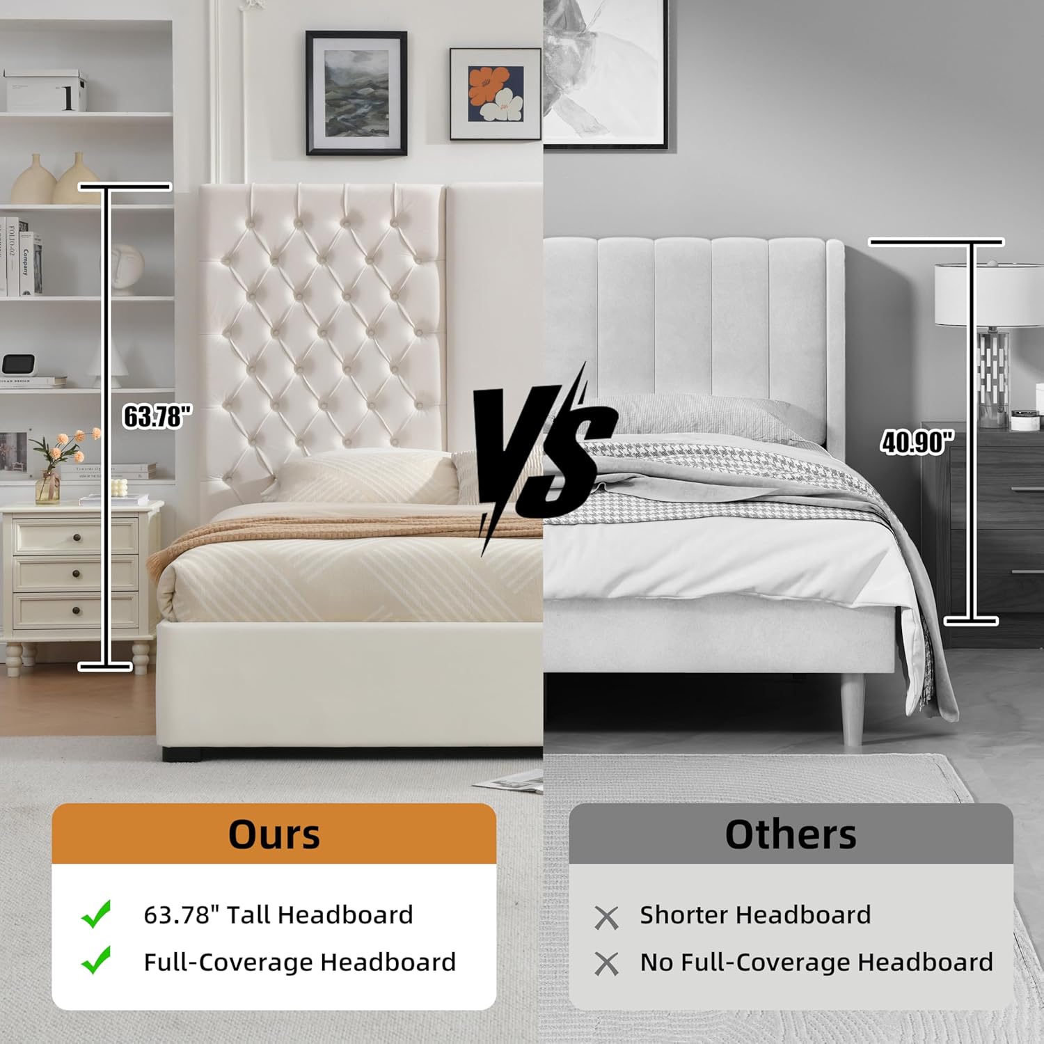 King Size Bed Frame with 63" Tall Headboard, Velvet Fabric Upholstered Platform Bed with 2 Large Storage Drawers, Deep Button Tufted, Wooden Slats, Easy Assembly, No Box Spring Needed, Cream