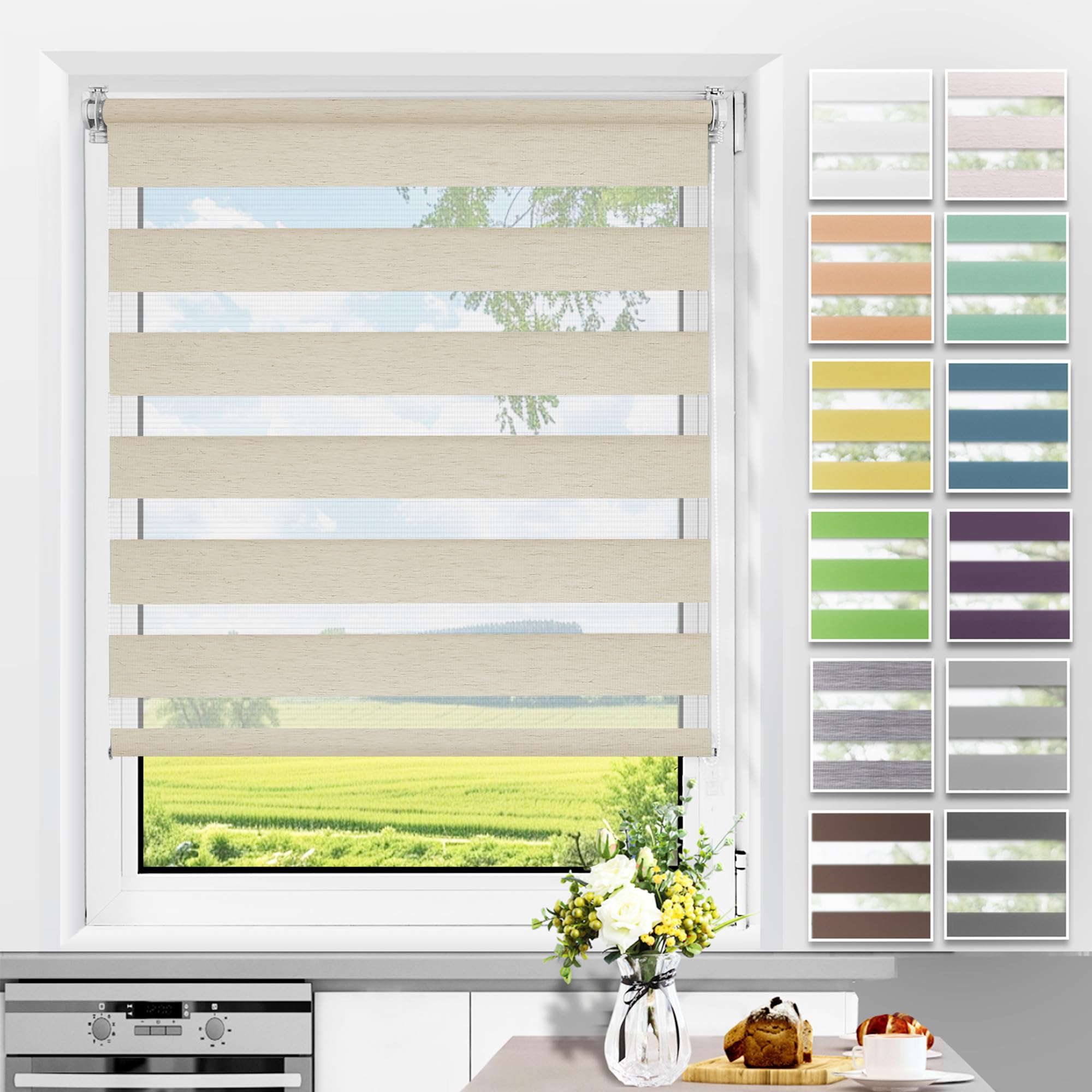 Allesin Doppelrollo Klemmfix ohne Bohren & mit Bohren, Duo Rollos für Fenster und Tür, Klemmrollo Fensterrollo lichtdurchlässig Sichtschutz, B75 x H210cm (Stoffbreite 75cm) Leinen