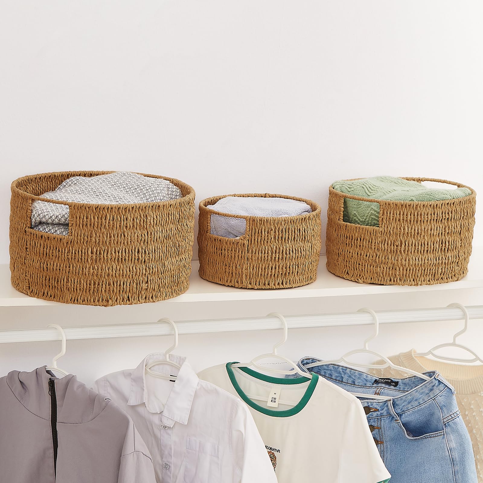 Vagusicc Aufbewahrungskorb rund 3er Set, Decorasian Korb Aufbewahrung mit Holzgriffen, Geschenkkorb leer aus Recyclebarem Papierseil für Schlafzimmer, Badezimmer, Wohnzimmer, Jute