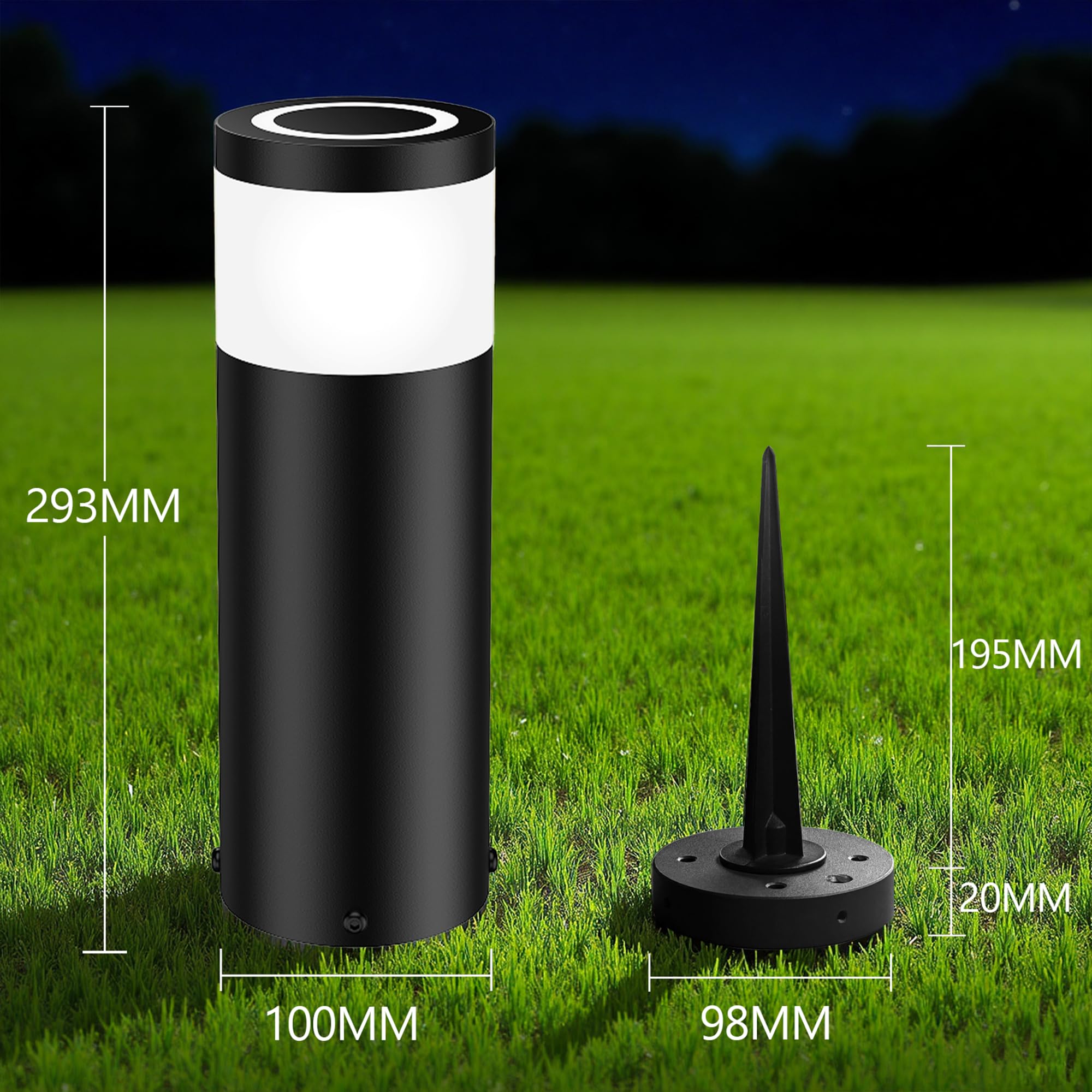 JNR 4 Pack Edelstahl Wegeleuchten Außen mit Erdspieß 230V, Schwarz 4 Pack | IP65 Wasserdicht, Höhe 290 mm 5w 3000k warmweiß COB LED, Wegleuchte, Gartenbeleuchtung, Gartenlampen, Gartenleuchten