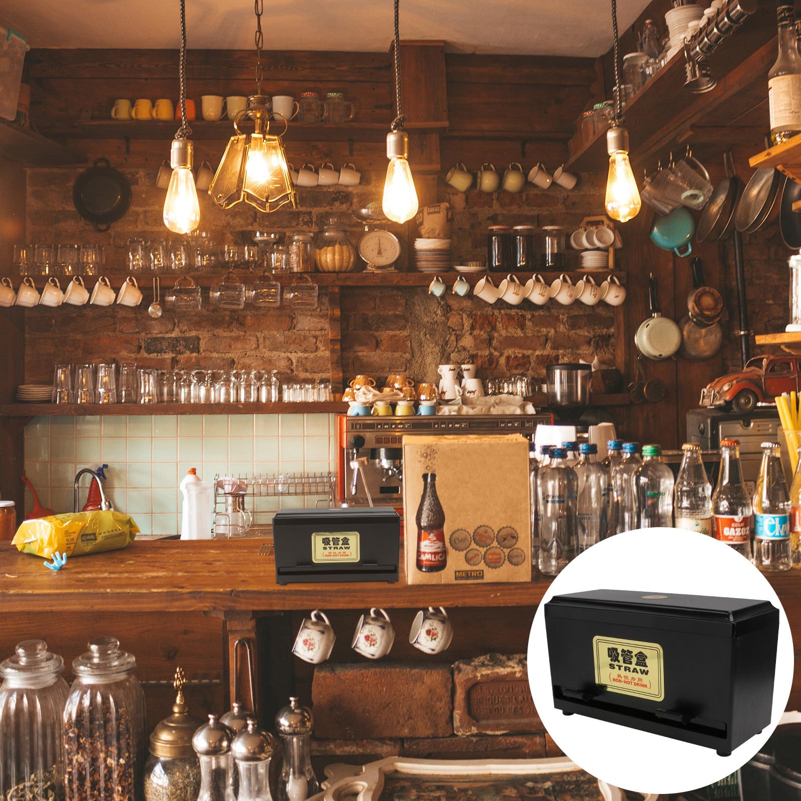 NUOBESTY Boîte à Pailles Grosse Taille Noire Distributeur de Pailles pour Restaurant Conteneur de Rangement Base Antidérapante et Sortie Réglable Épaisses et Fines Usage Professionnel