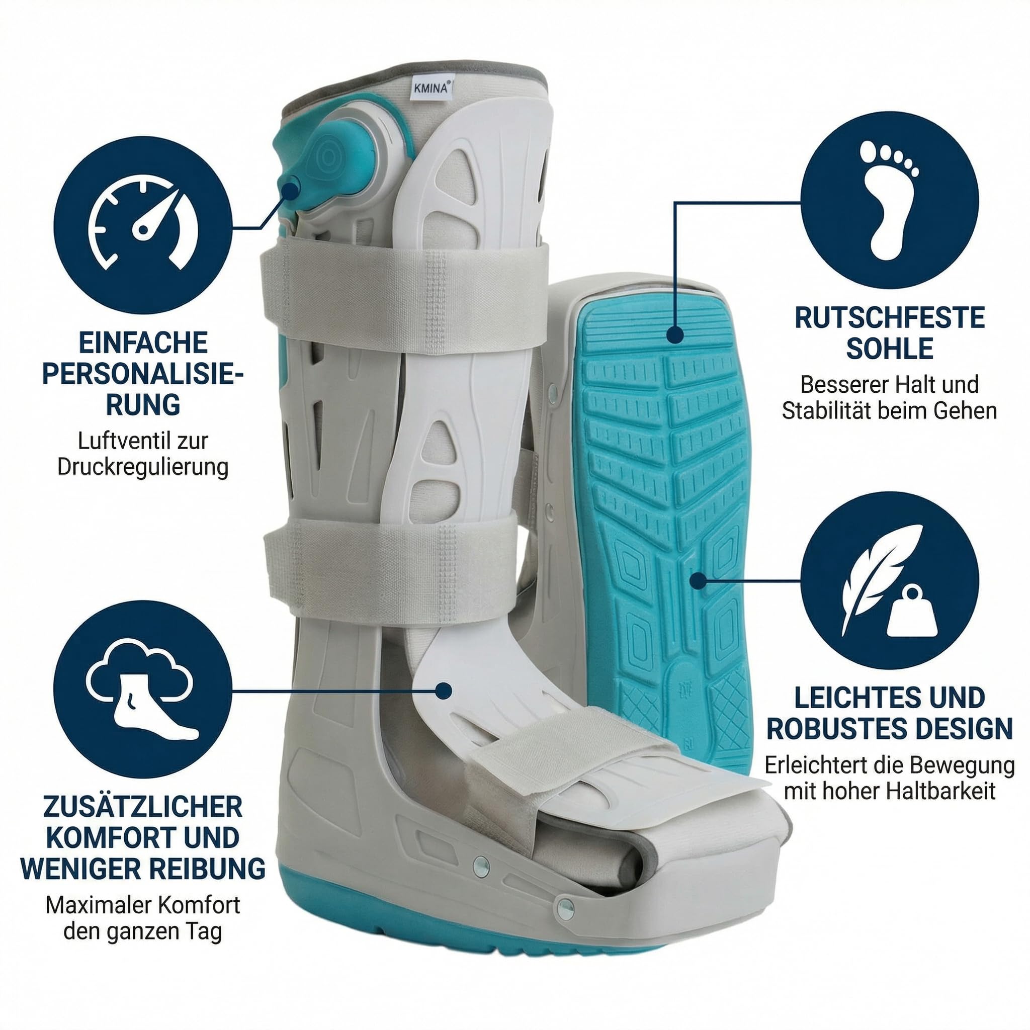 KMINA Walker Boot Orthese M (Größe 40 bis 44), Aufblasbarer Medizinischer Stiefel für Gebrochenen Fuß, Sprunggelenkbandage zur Stabilisierung nach OP, Air Walker bei Achillessehne und Bänderriss