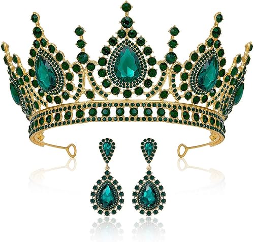 SWEETV Tiaras barrocas y coronas para mujer, tiara de boda de cristal para novia, conjunto de joyas de pendientes de corona
