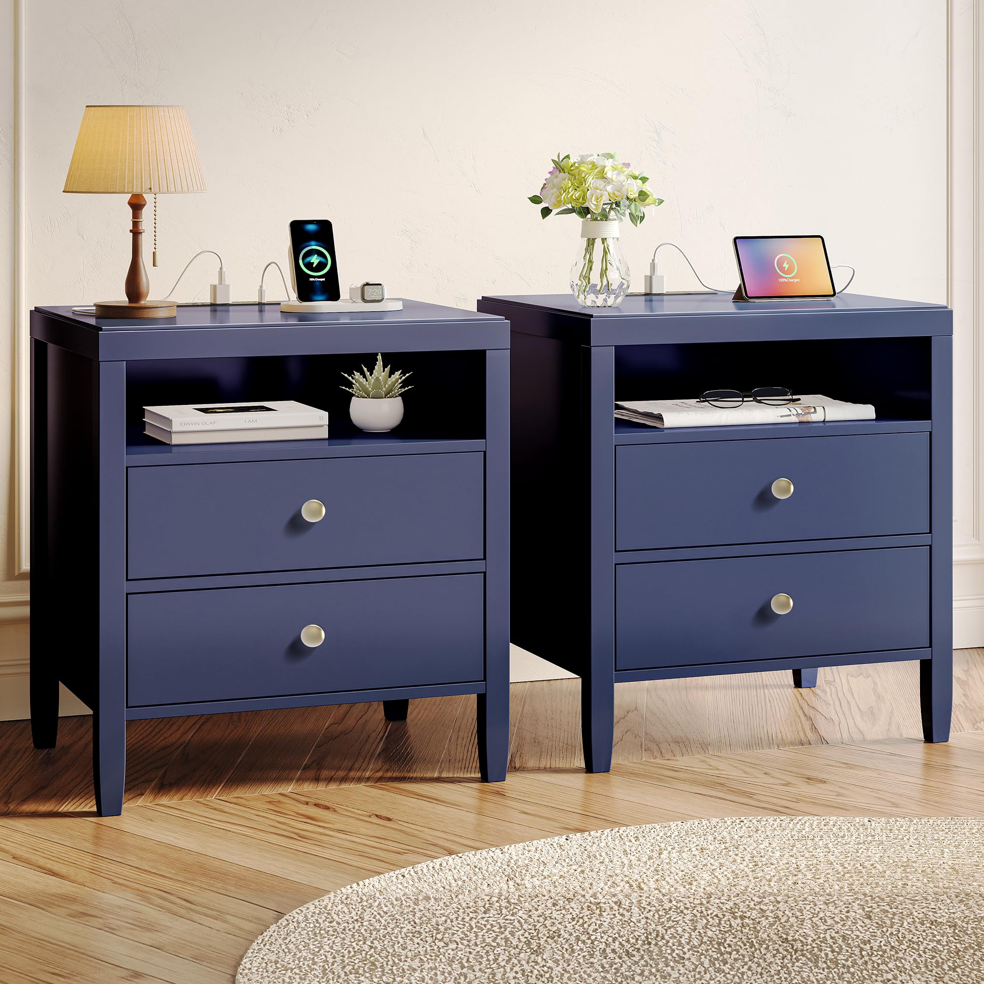 Huuger Blue Nightstand Set of 2, Night Stand with Charger Station, Bedside Table with 2 Drawers, Bed Side Tables for Bedroom, Modern Nightstands, Metal Knobs, Painted Surface