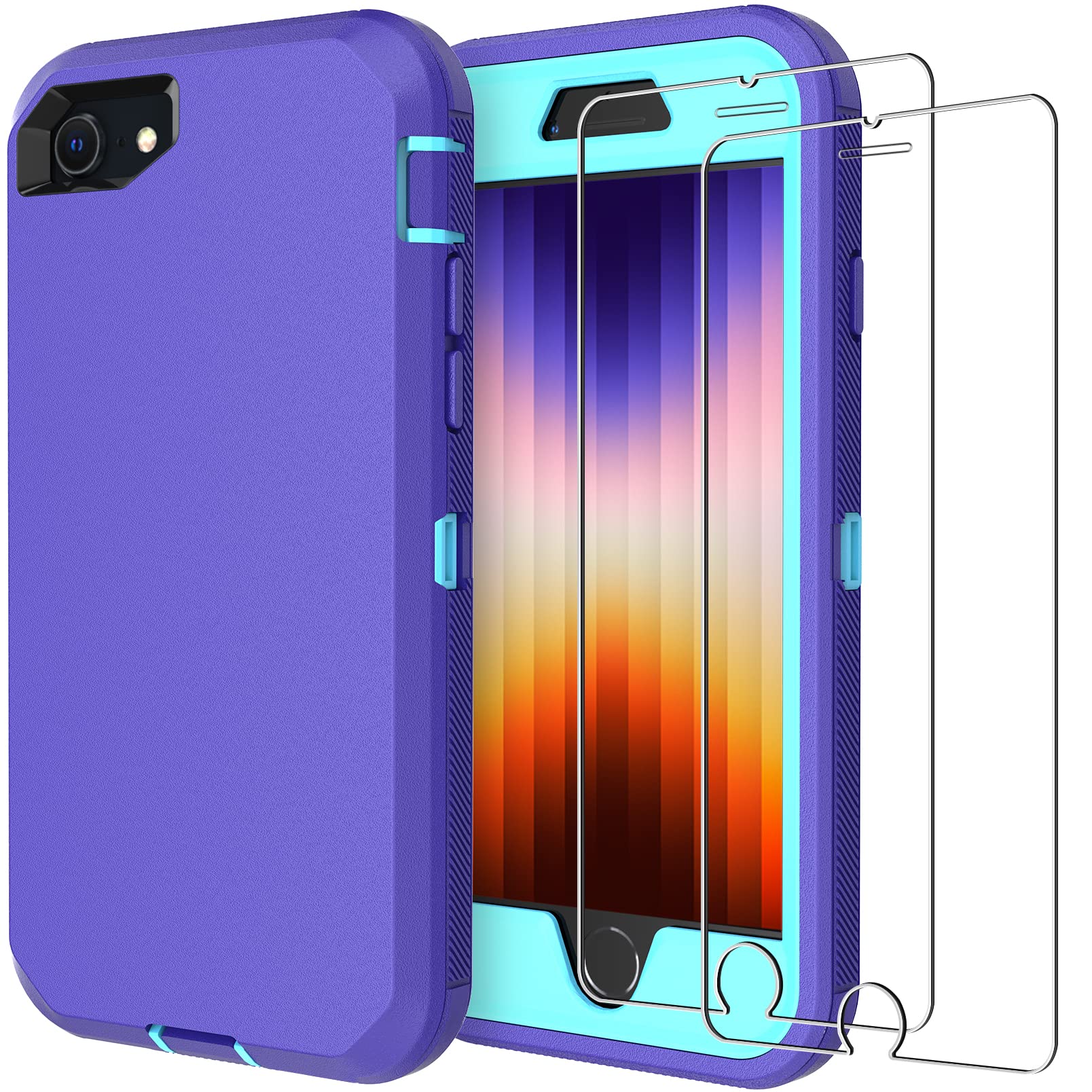 Annymallfor iPhone SE Case 2022/2020,iPhone 8/7 Case with 2 Screen Protector,Heavy Duty Shockproof Drop Protection Rugged 3-Layer Military Protective Cover for Apple iPhone SE/8/7 (Purple/Mint)