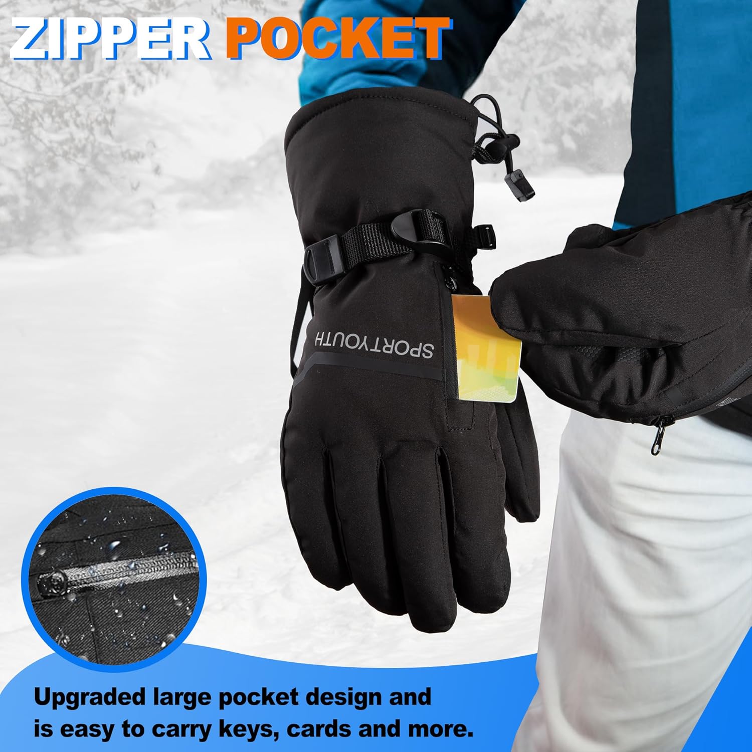 SPORTYOUTH Winter Ski Gloves Men Women, 3M Thinsulate Waterproof Windproof Thermal Insulation Snow Warm Gloves with Touchscreen Zipper for Outdoor Cold Weather Running Driving Cycling Hiking Work - Image 5