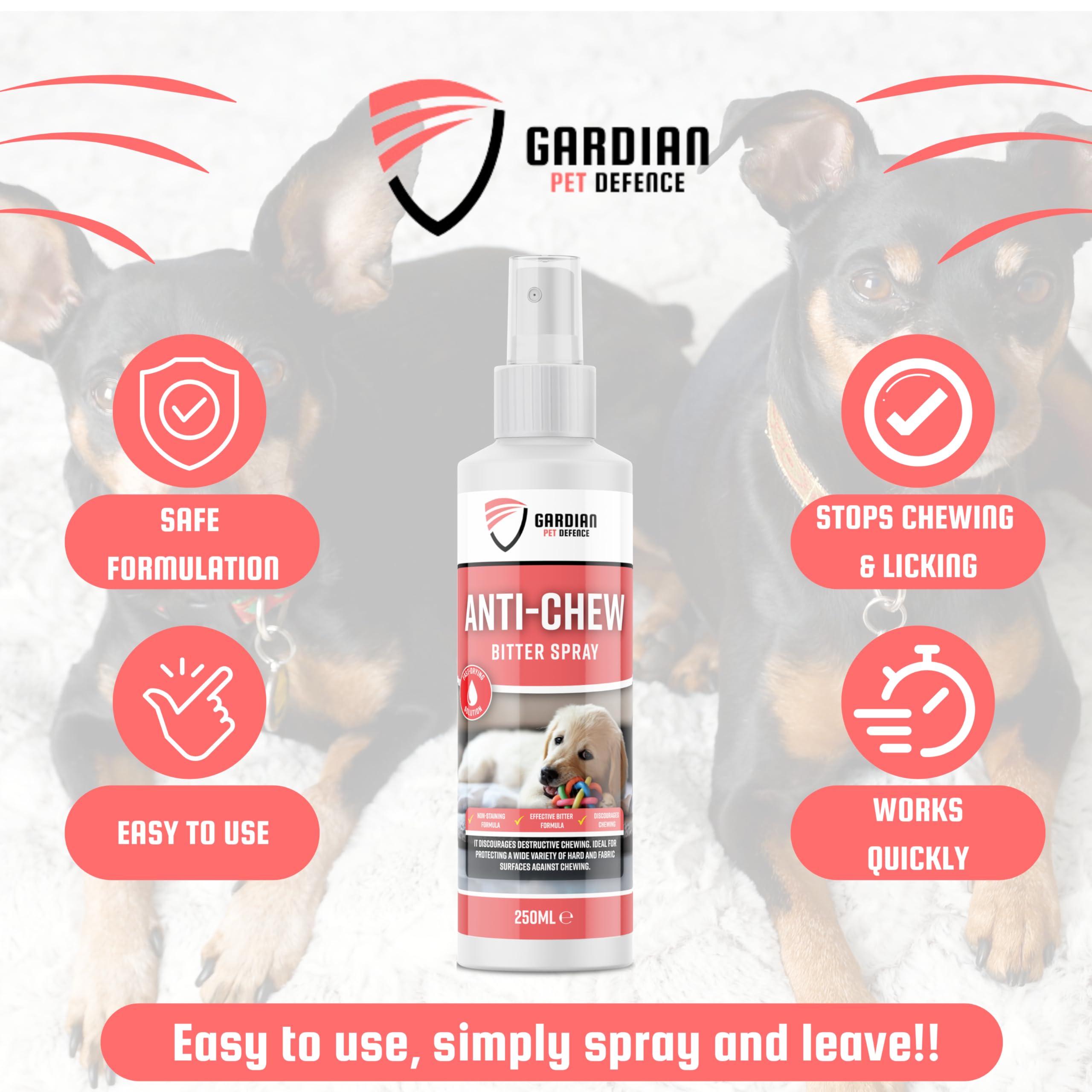 Gardian Spray anti masticazione per cani, formula amara, deterrente e repellente per cani, blocca mobili, corde e zampe, aiuto per l'addestramento dei cuccioli, 250 ml