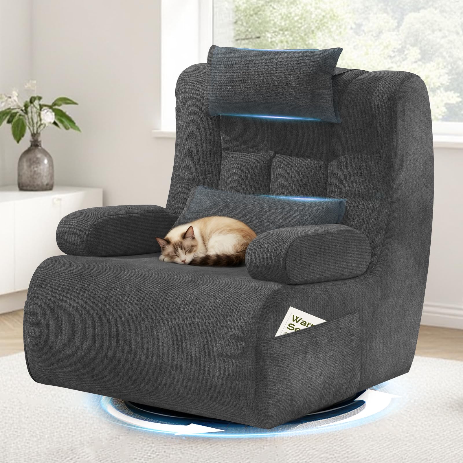 Fauteuil Salon pour Salon avec 2 Coussins Supplémentaires, Dossier et Coussin Rembourrés, 2 Poches Latérales, 360° Fauteuil Pivotant per Home Cinéma, Fauteuil Surdimensionné à Dossier Haut