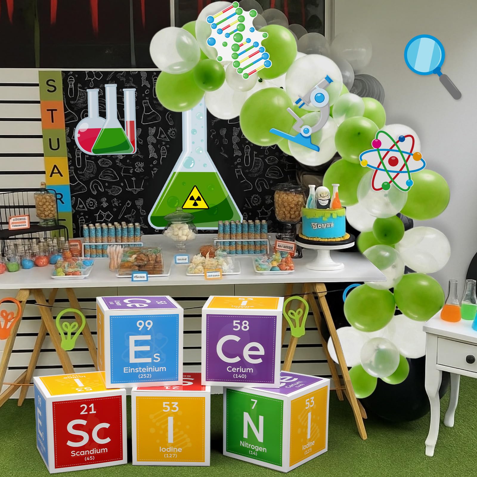 Kosiz Kit di decorazioni per feste scientifiche da 30,5 cm, per feste di compleanno, con scatole da 30,5 cm, per laboratorio di chimica, fiaschetta, per compleanno, scienziato, laboratorio, settimana