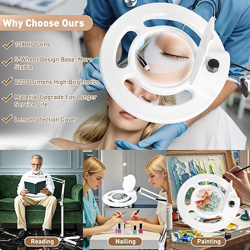 Miniatura 7 de HITTI Luz esteticista con lupa de 10X, 2200 lúmenes, lámpara de pie regulable sin escalones con base rodante de 5 ruedas, lámpara de pie con luz LED