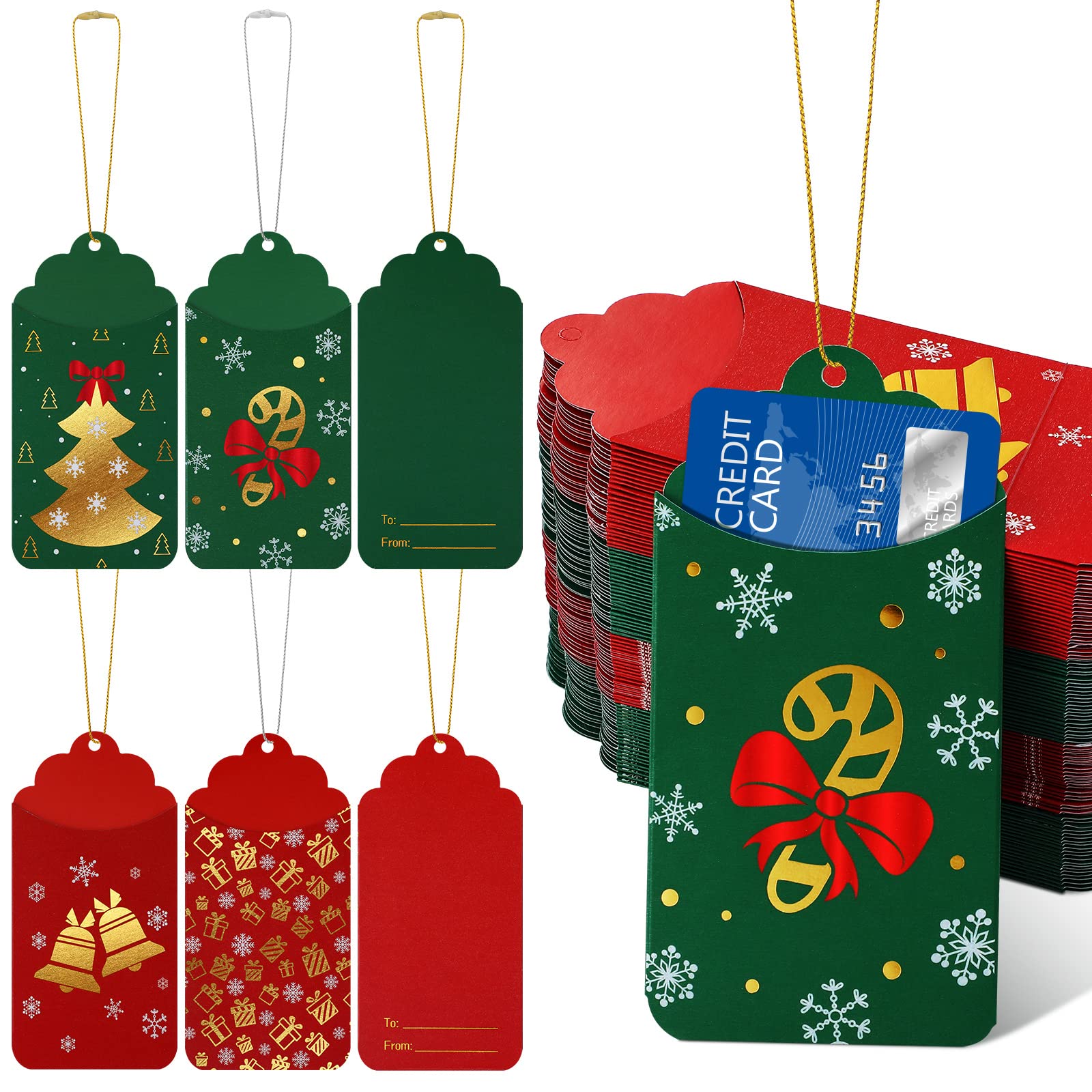 100 Pcs Christmas Gift Card Sleeves with String Xmas to and from Name Card Holder Tag for Gift Bags Christmas Hanging Labels for Bags Packages