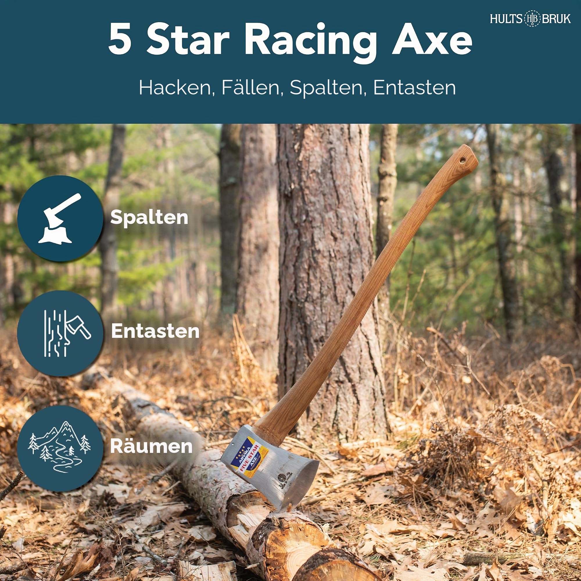 Hultafors Arvika 5 Star Axt, 800 mm | Handgeschmiedeter schwedischer Stahl | Gebogener Hickory-Stiel, 2000 g | Wettkampf-Axt für intensives Fällen I 840511