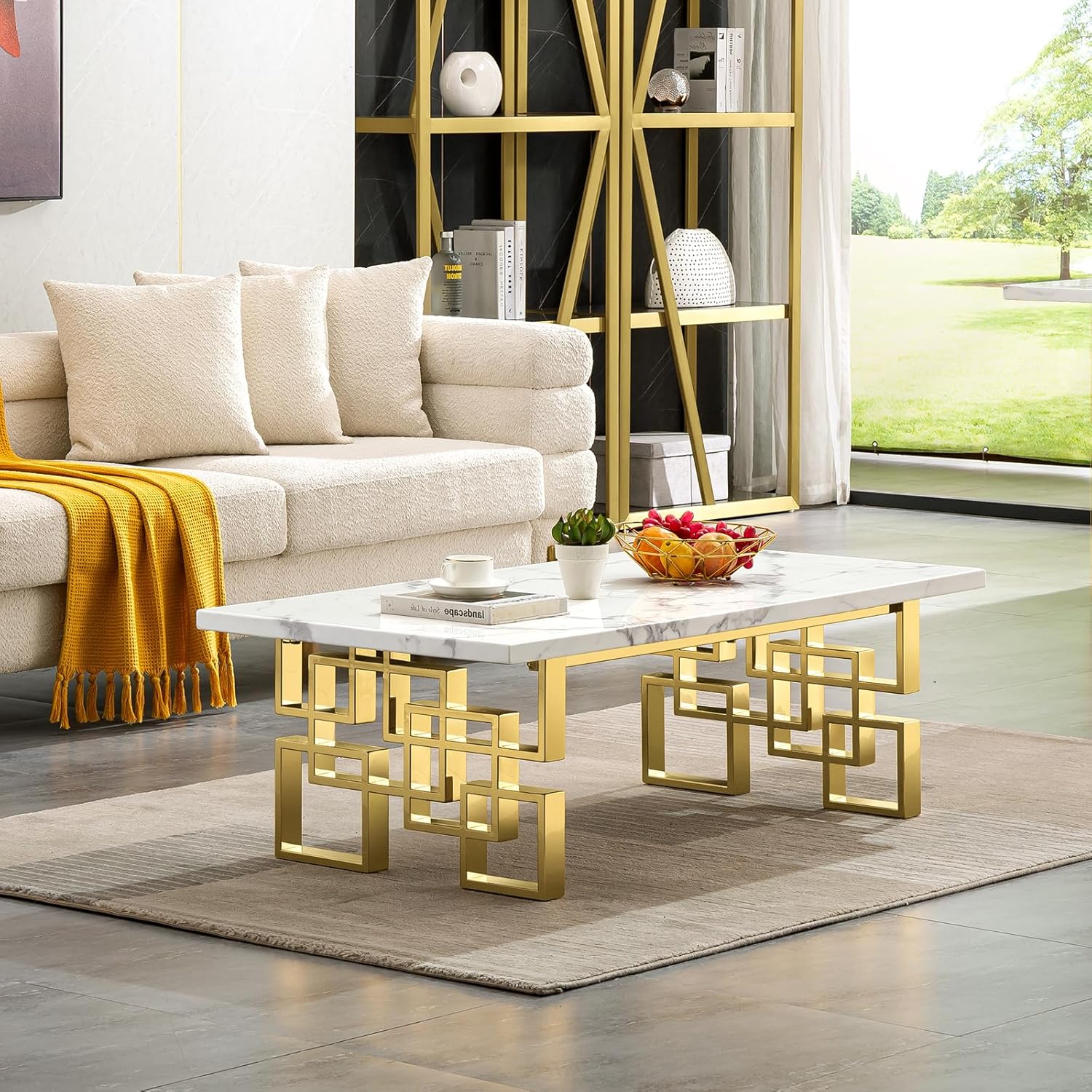AUZ Coffee Table, 50 inch White and Gold Rectangle Living Room Tea Table, Sofa Coffee Table for Living Room, Guest Hall, Reception Room