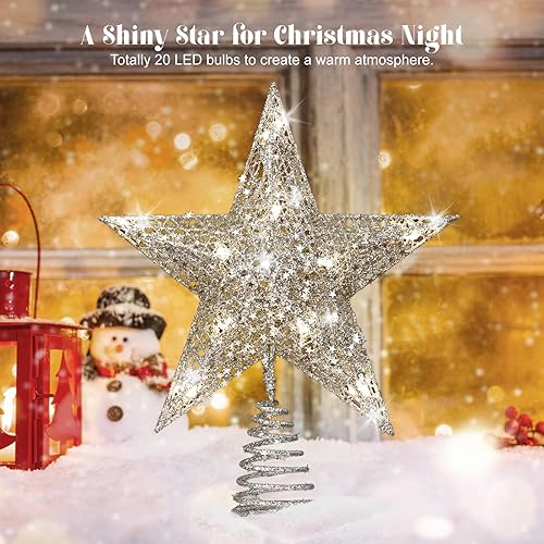 Miniatura 143 de Lewondr Decoración para árbol de Navidad, control remoto alimentado por USB, temporizador de 6 horas, estrella de árbol controlada con luces y Plata