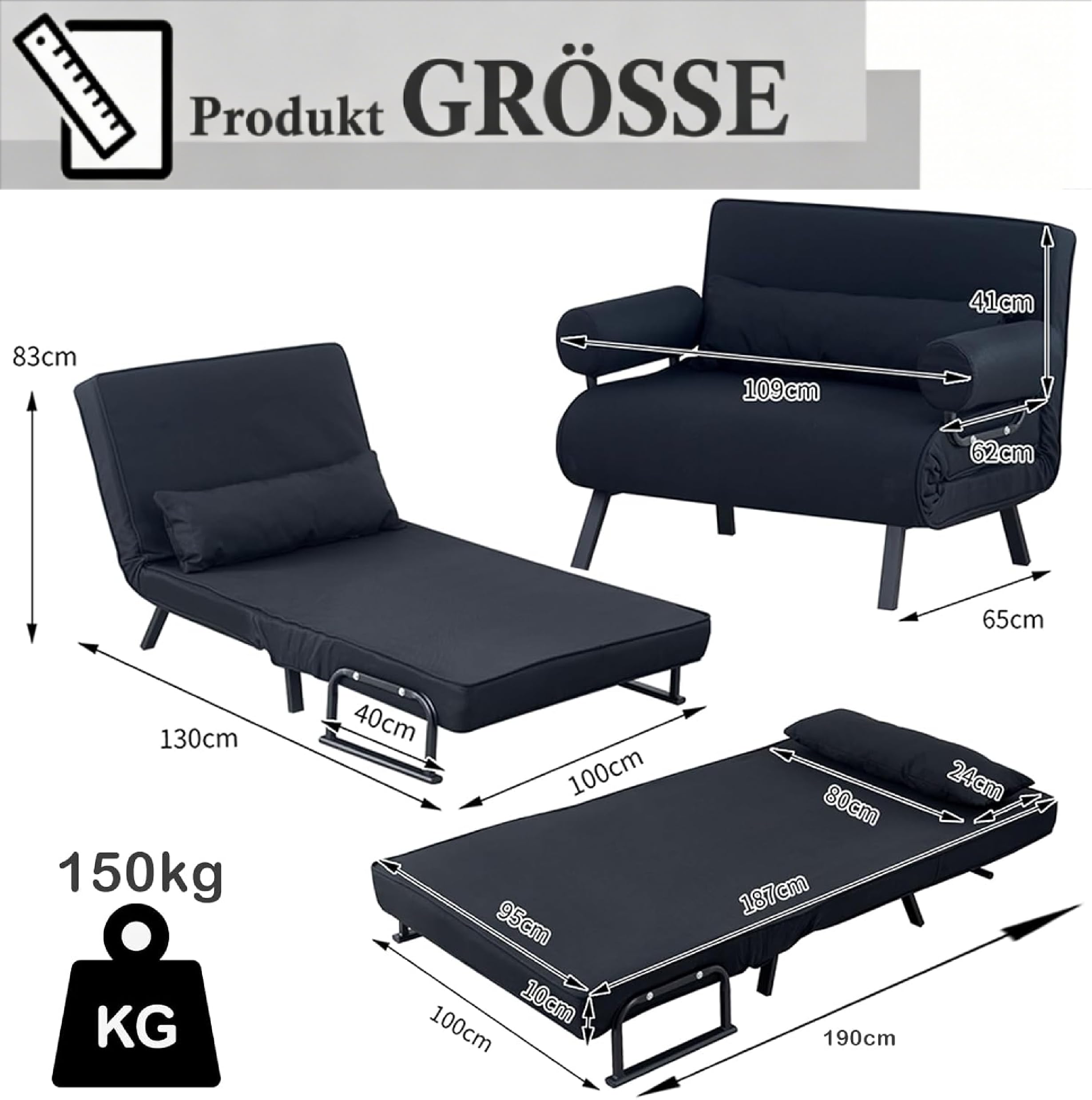 Schlafsofa 4-In-1 Verstellbare Schlafsessel, Klappsofa, Platzsparendes Gästebett, 150 kg Tragkraft, Metallrahmen & Leinen (100cm, Schwarz)