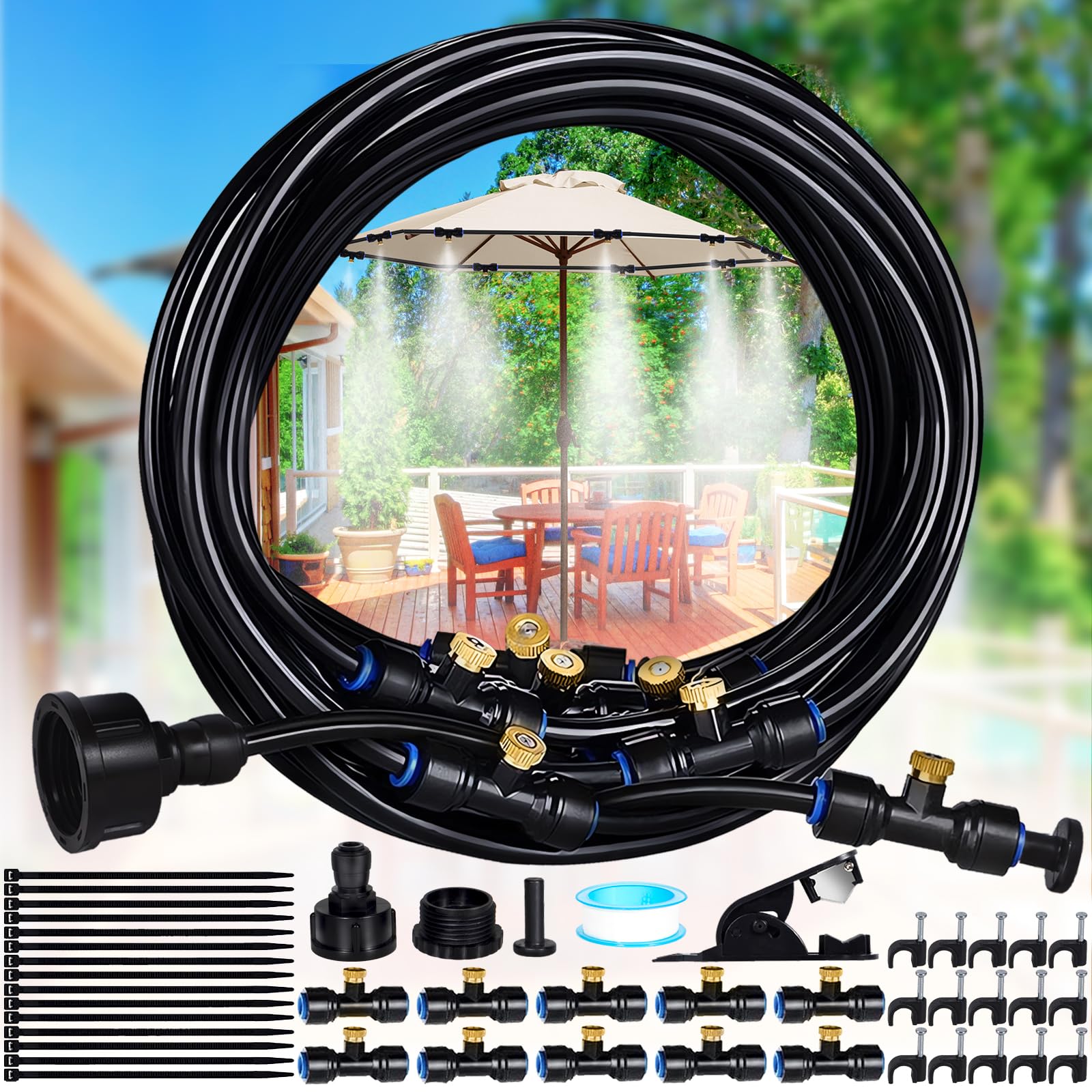 10M Bewässerungssystem Garten, Sprühnebel Kühlung Bewässerungs System DIY Wassernebel Nebelkühlsystem Mist Cooling mit, Bewässerungssystem Düse, für Garten Pavillon Sonnenschirm