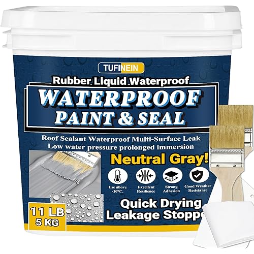 Rubber Liquid Waterproof Sealant, TUFINEIN 11 LB/5 KG Neutral Gray Quick Drying Multi Surface Foundation Leak Repair - Roof Gutters Basement Sealer Waterproof - Indoor & Outdoor Flexible Rubber Paint