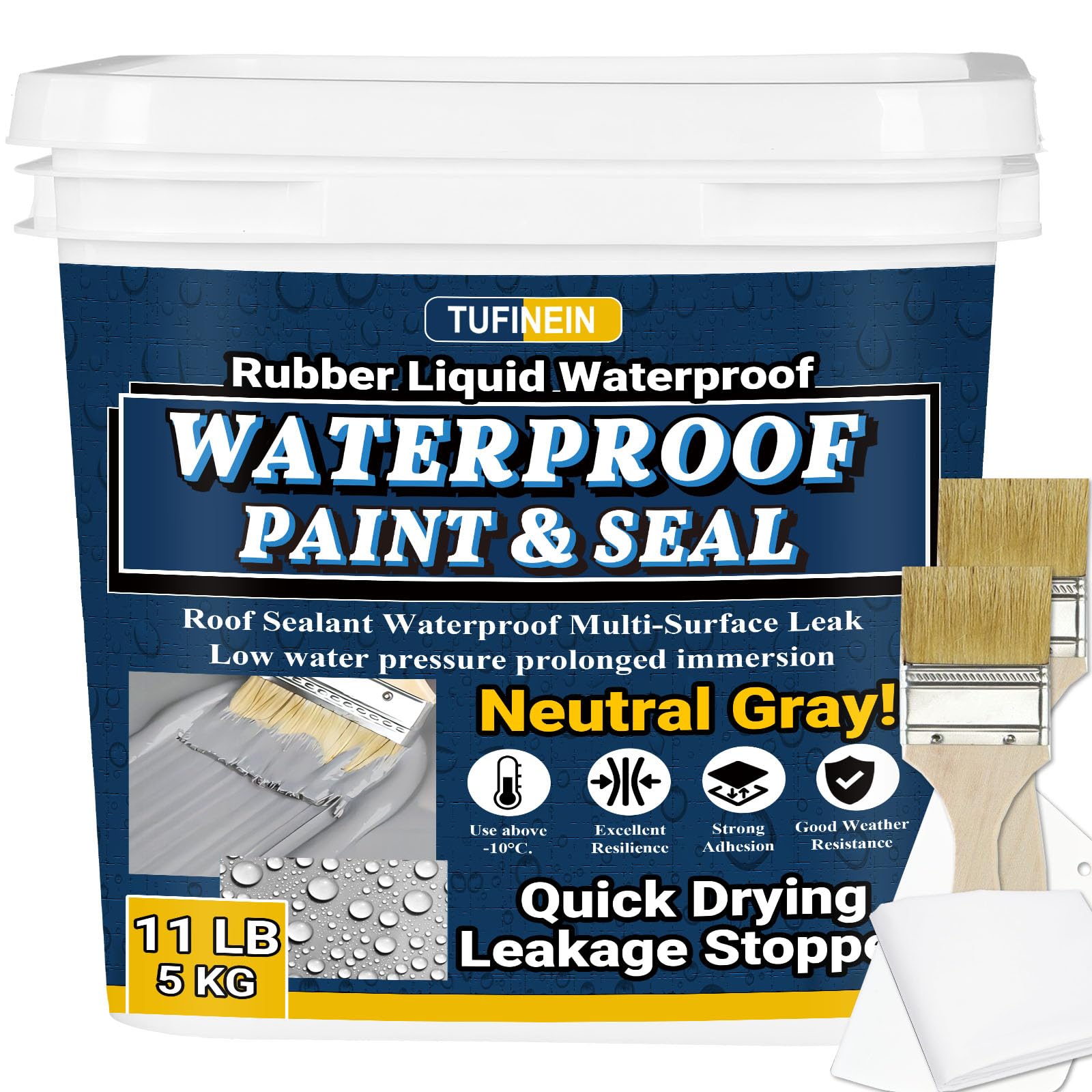 Rubber Liquid Waterproof Sealant, TUFINEIN Quick Drying Multi Surface Foundation Leak Repair - Roof Gutters Basement Sealer Waterproof - Indoor & Outdoor Flexible Rubber Paint (Neutral Gray, 5 KG)