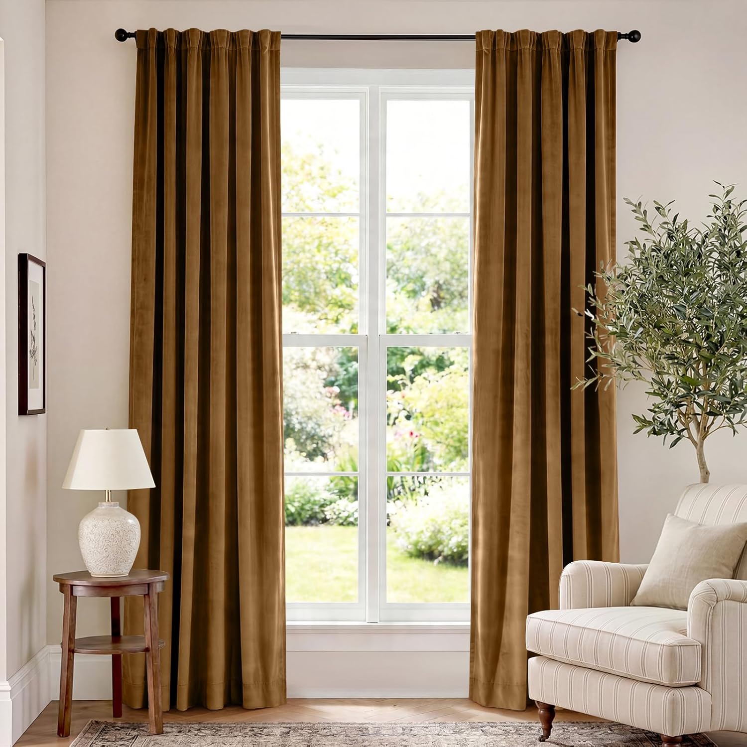 Lazzzy Velvet Blackout Curtains Thermal Insulated Room Window Drapes Super Soft Luxury Curtains for Living Room Bedroom Rod Pocket 2 Panels, Gold Brown, 52″ W x 84″ L
