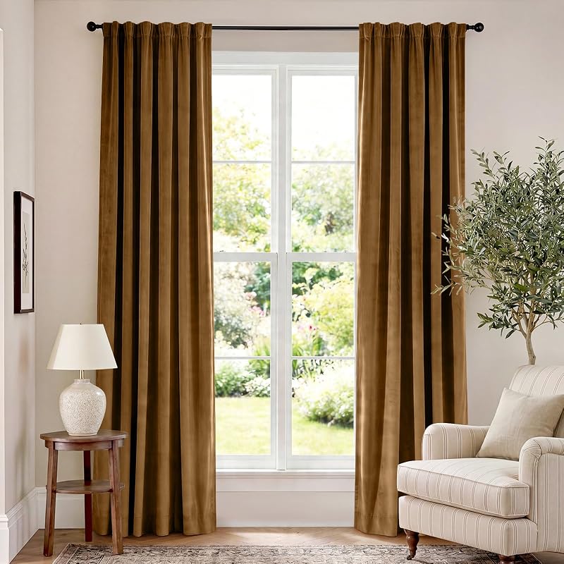Blackout Golden Brown Velvet Curtains Rod Pocket 52×84 Inch 2 Panels | Soft Velvet, For Bedroom & Living Space, Light Shifting Texture, Elegant Luxury Drape, Rich