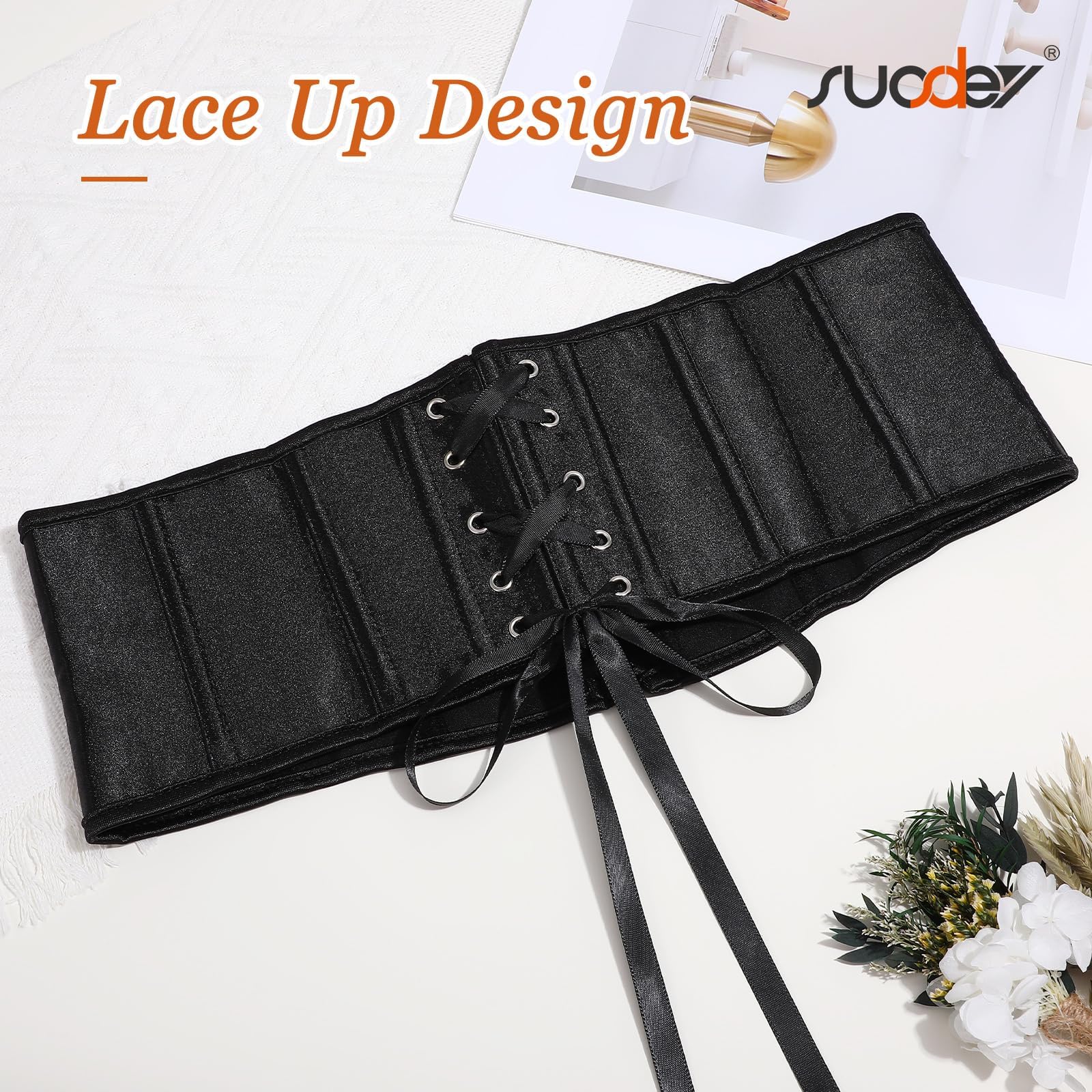 SUOSDEY Jacquard Corset Belt for Women Underbust Boned Lace Up Bustier Waspie Belt Renaissance Steampunk Pirate Corset: 03-black(glossy) Fit Waist Size 33"-36"