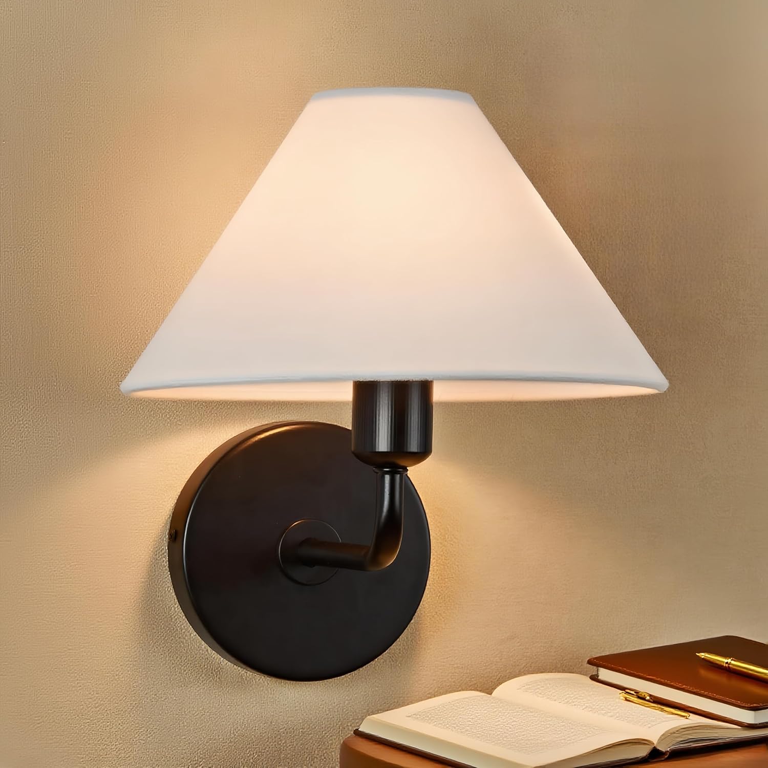 Modern Black Indoor Light Fixtures with Linen Shade Sconce, Elegant Linen Glow Sconce, Wall Lights Lamps for Living Room Bedroom (Black)