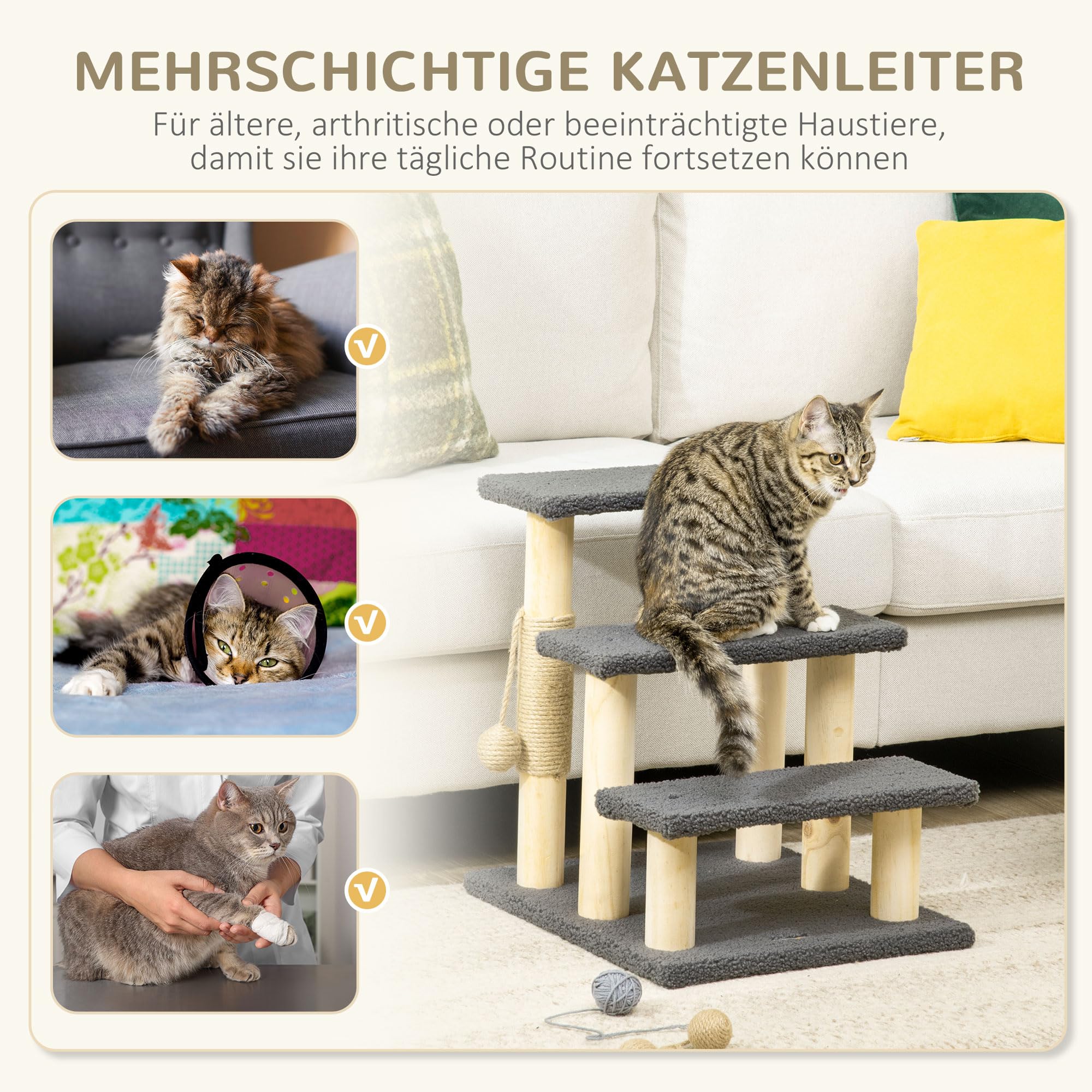 PawHut Katzentreppe 3-stufige Tiertreppe, 48 cm Haustiertreppe mit Sisalsäule, Hundetreppe mit Spielball, Einstieghilfe für hohe Betten, Kiefernholz, Grau+Natur