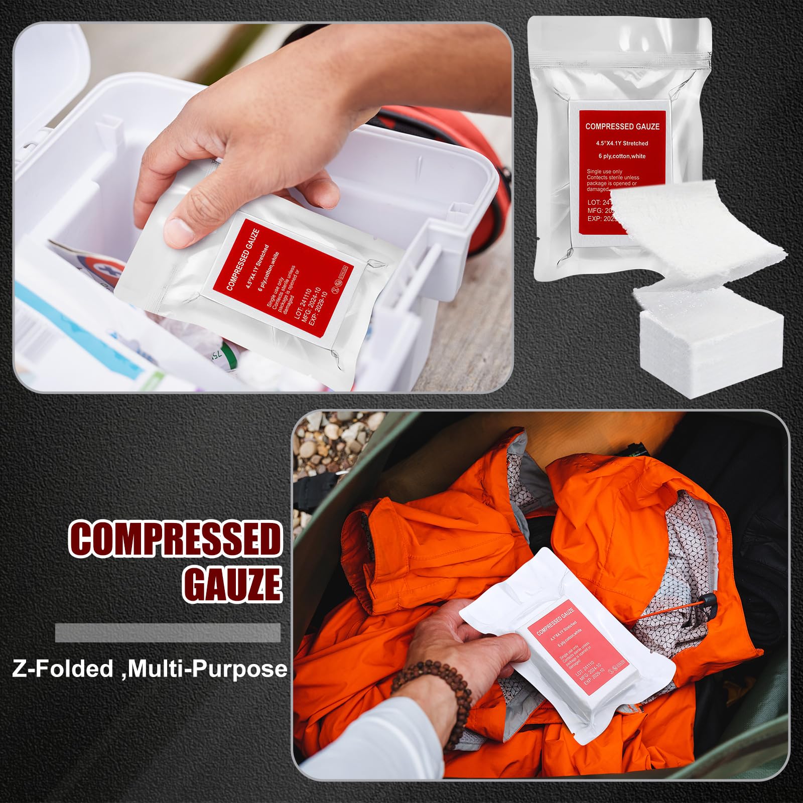 Threlaco Garza sterile piegata a Z, 11,4 cm x 4,1 m, garza compressa per traumi, 100% cotone, 6 strati di cotone bianco per medicazioni di emergenza, kit di pronto soccorso e traumi