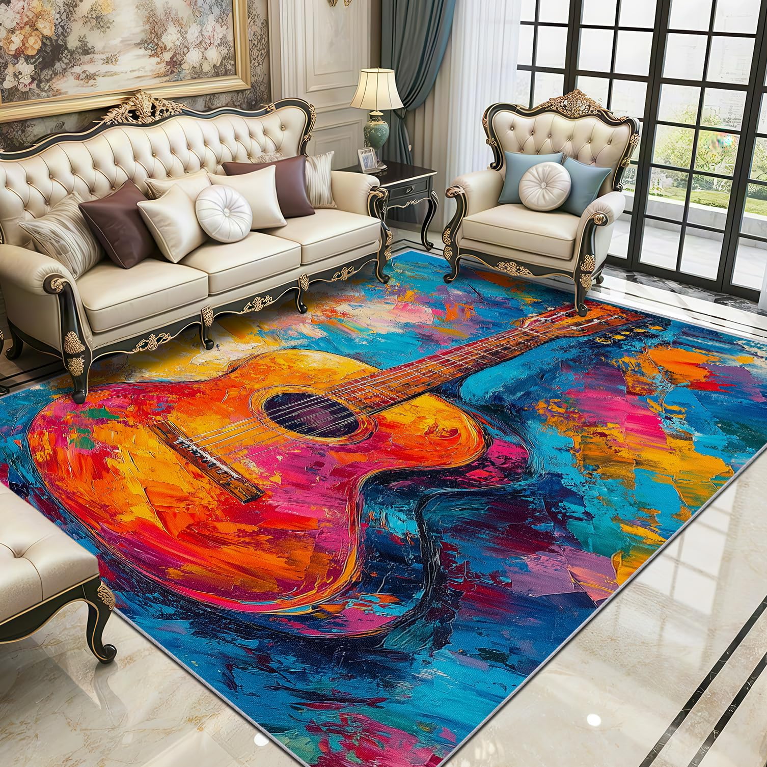 Gitarre Teppich 140x200 cm, Bunt Musik ölgemälde Teppich Wohnzimmer, Musikalisch Abstrakt Kunst Kurzflor rutschfest Pflegeleicht Teppiche Für Jugendzimmer Schlafzimmer, Orange Blau Rosa