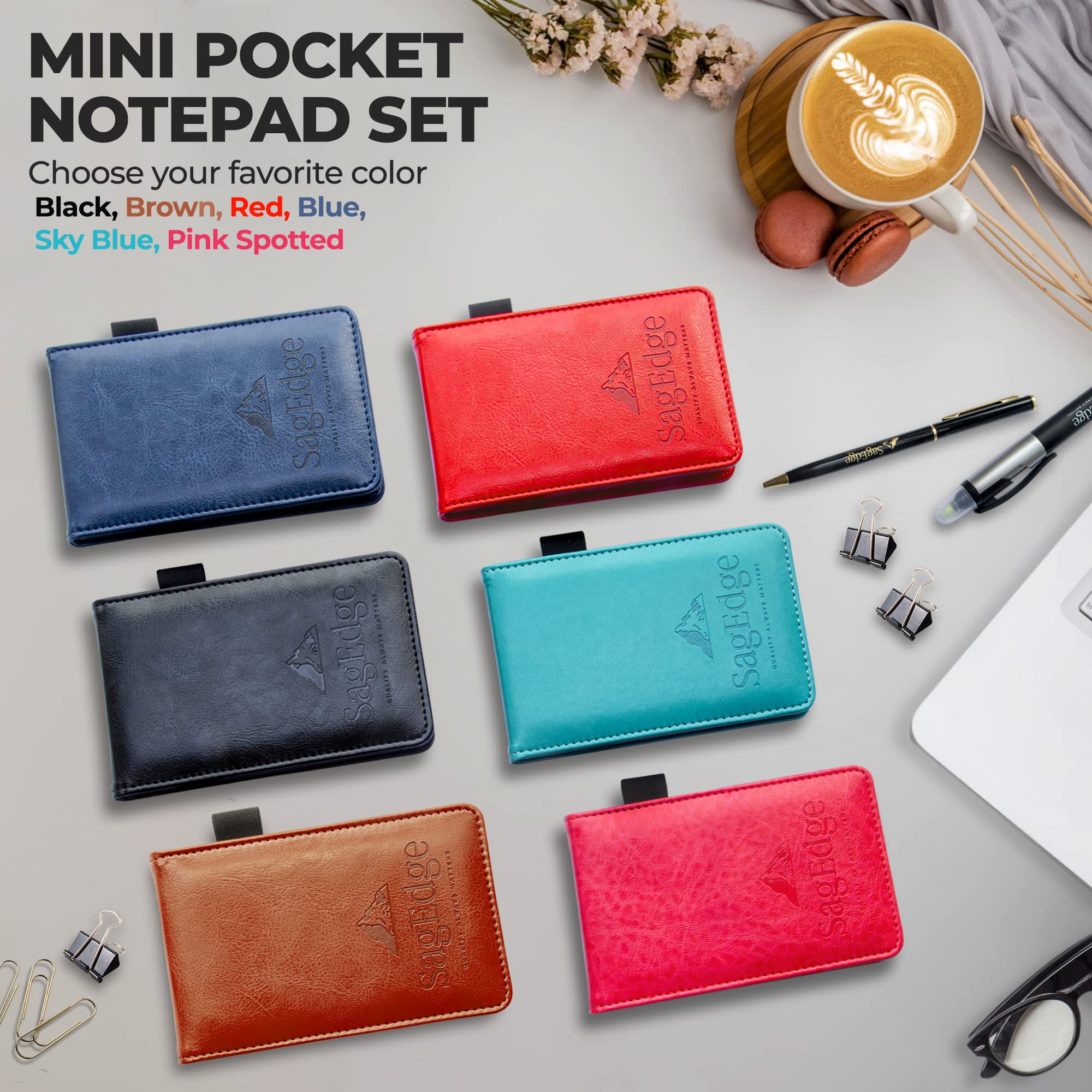 SagEdge Set di mini quaderni tascabili in pelle PU, in confezione regalo, taccuino tascabile interno con 30 fogli a righe bianchi, 7 ricariche per libri (3 bianche e 4 gialle), 2 penne eleganti e